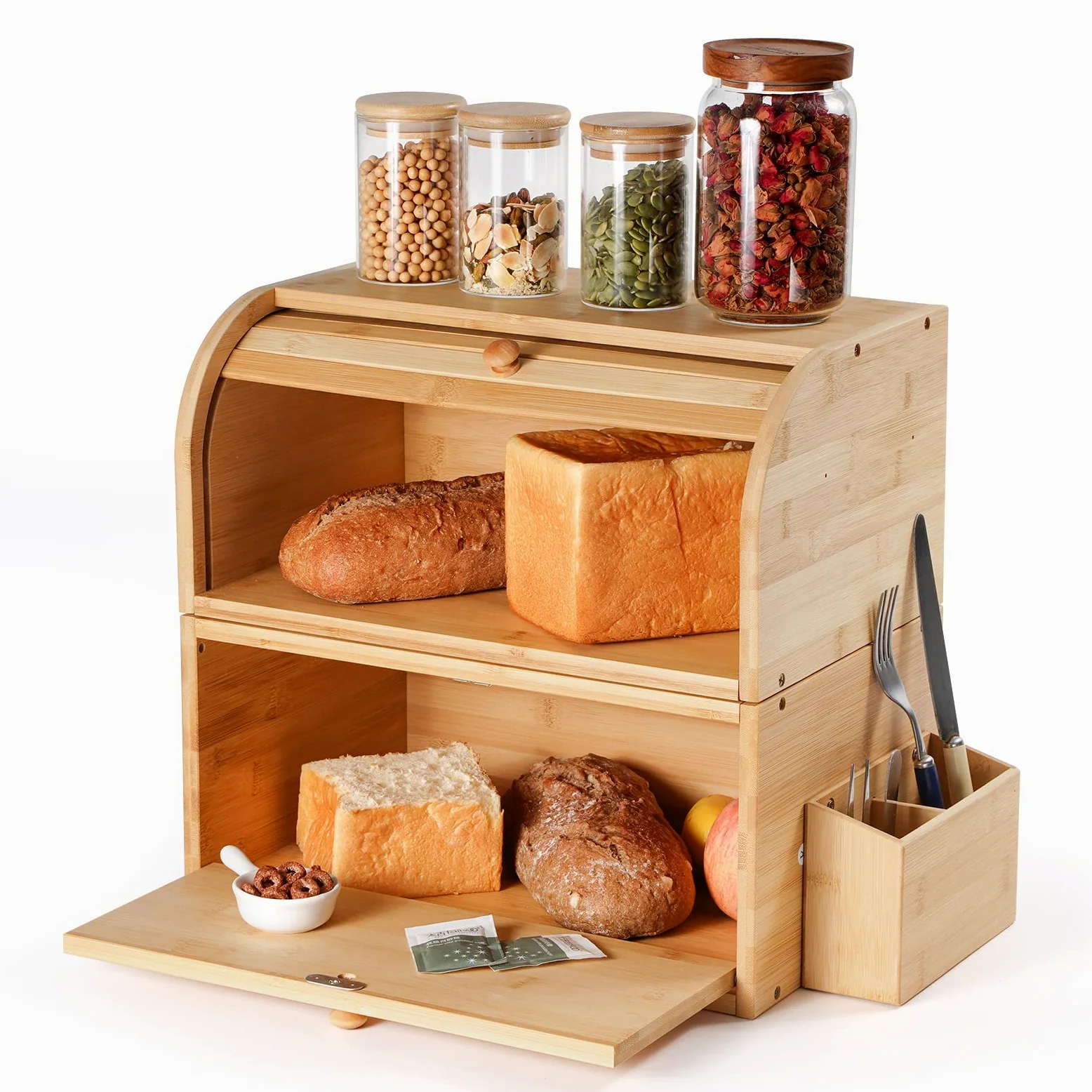 GUUSII HOME Boite a Pain Bois Grande Capacité Boîte à Pain de mie Bambou Huche a Pain Moderne pour Cuisine Countertop 38 x 25 x 36 cm Double Couche Empilable