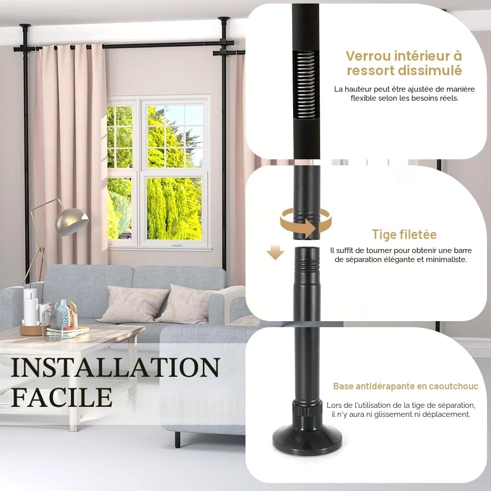 KELIXU Tringle à rideaux de séparation de pièce, sans perçage, 71,1 à 365,8 cm de large x 1,2 à 3 m de haut, séparateur de sol au plafond, support de tension vertical