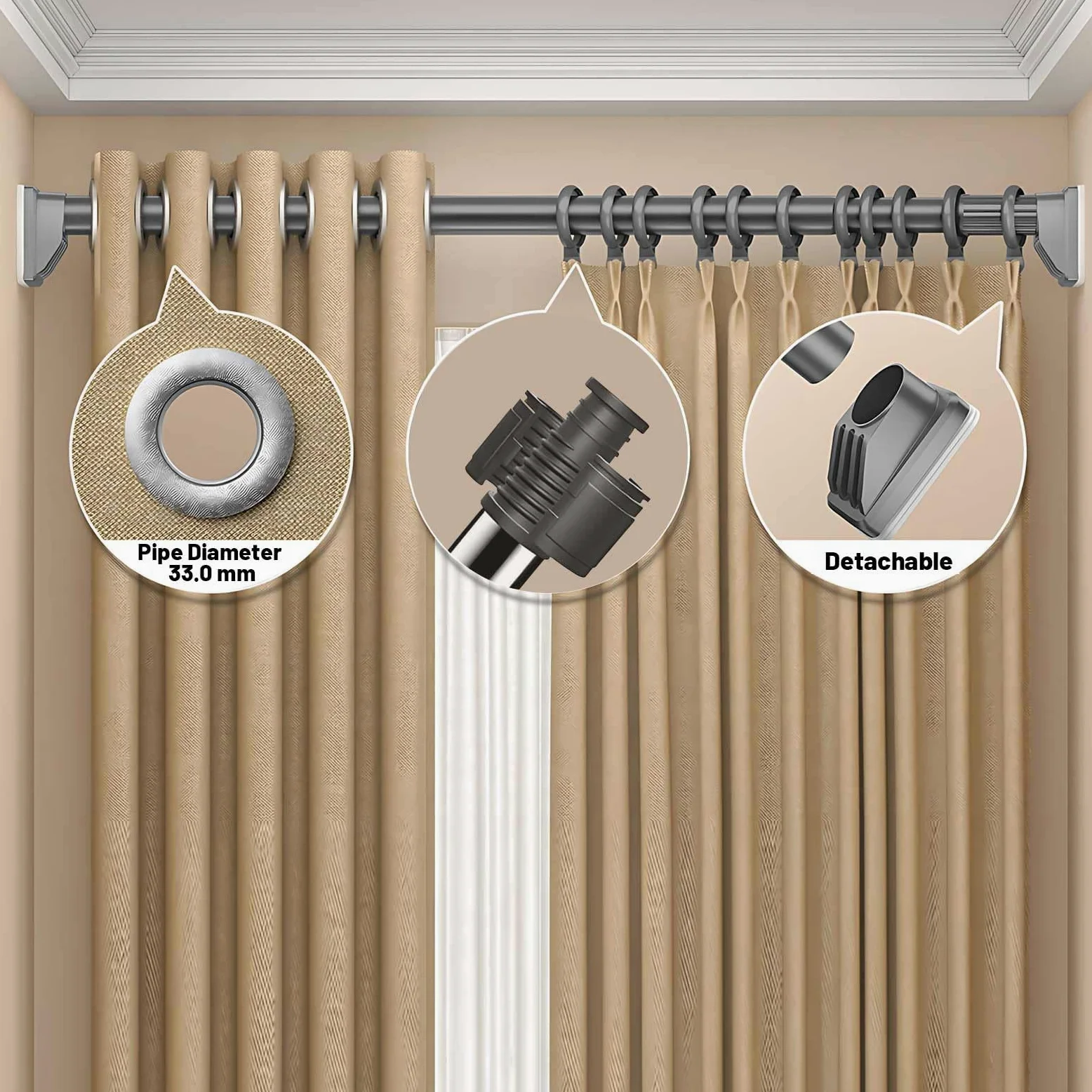 Tringle de Rideau de Douche Sans Perçage 70-300 cm Barre de Tension Réglable Tringle Extensible en Acier Inoxydable pour Salle de Bain Fenêtre Penderie(Gray,63"-98"(160-250cm))