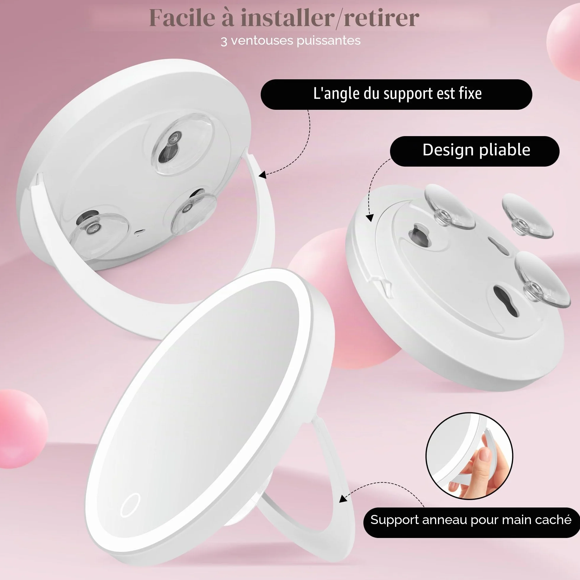MOMOKUBA Miroir grossissant avec éclairage 30x, Ventouse, intensité Variable, Blanc