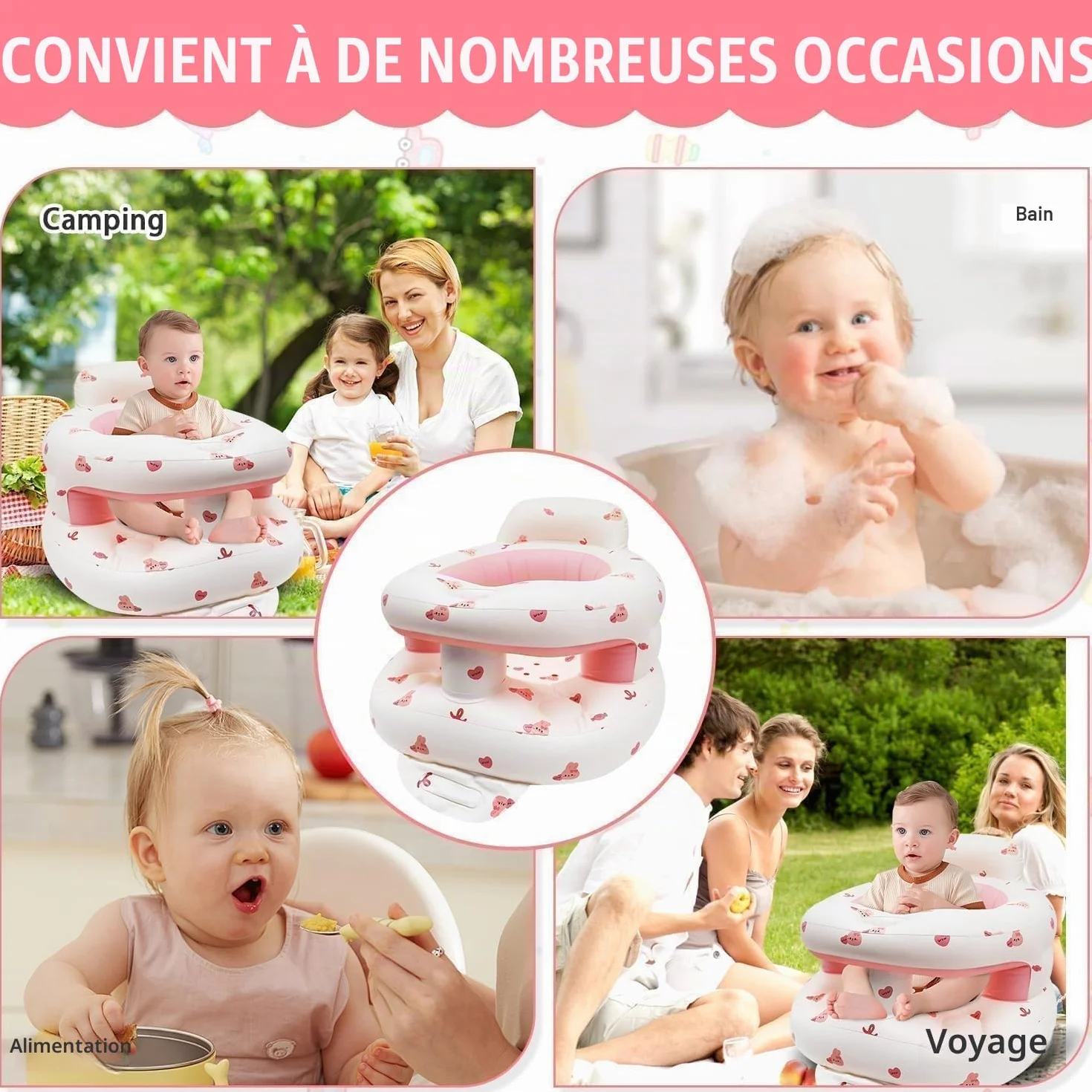 Siège Gonflable Bébé 3 Mois+ Chaise Gonflable avec Pompe Intégrée Lapin
