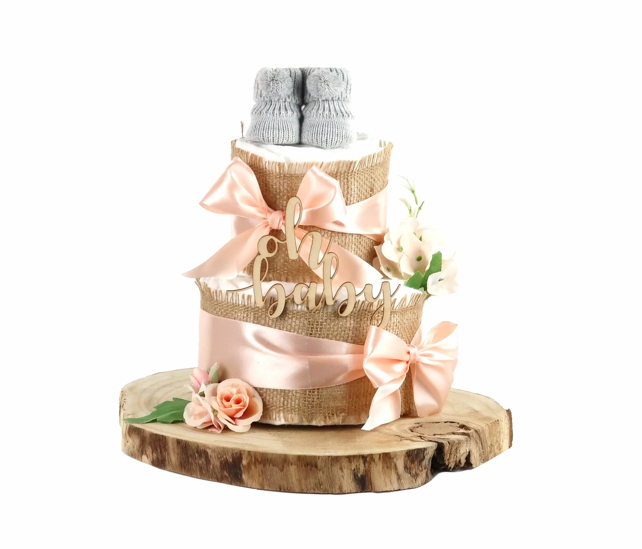 Gâteau de couches tout en jute 2 étages abricot Naissance