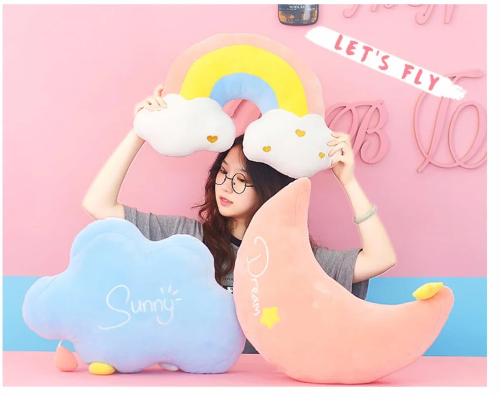 XIAOHONG Oreiller en peluche nuage arc-en-ciel lune 45 cm x 45 cm décoration chambre enfant canapé lit coussin voiture