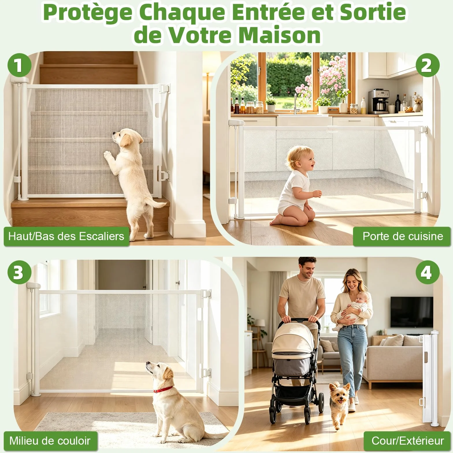 Barrière de Sécurité Rétractable pour Bébé 0-150 cm, Adaptée aux Escaliers, Couloirs, Intérieur et Extérieur (Blanc)