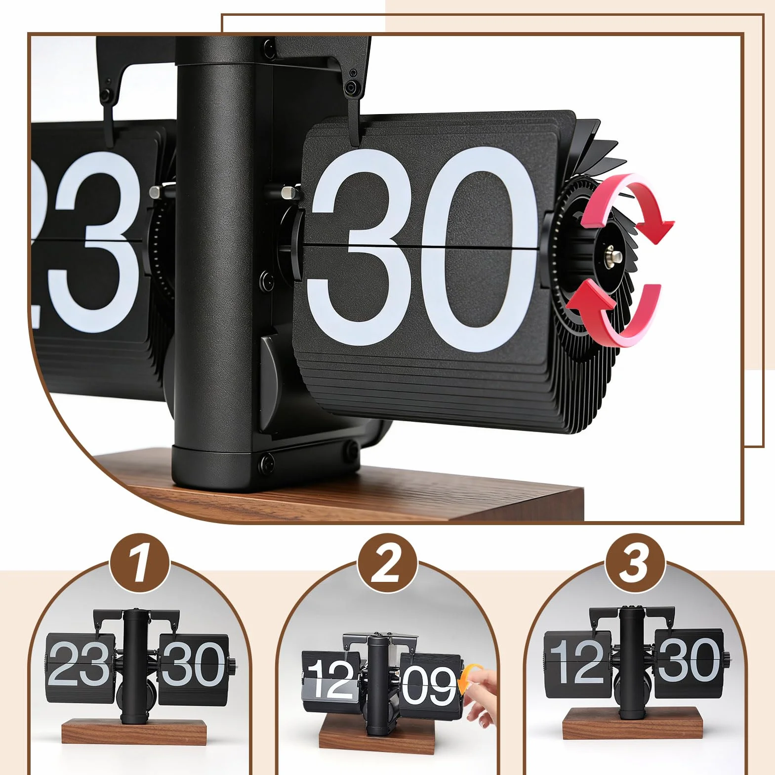 Horloge Flip Flap Retro Vintage Table Flip-Horloge 24 Heures Retro-Flip-Down Gros Chiffres Base Bois Blanc
