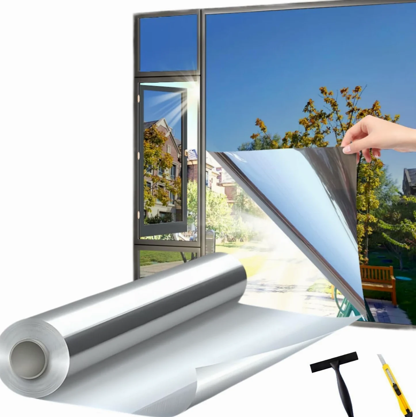 Film Miroir pour fenetre Anti Regard Anti UV avec Kit de Pose Film occultant Fenêtre Bon Effet Miroir Protection de la Vie privée pour Maison Bureau Magasin (Argenté, 90X600(cm))