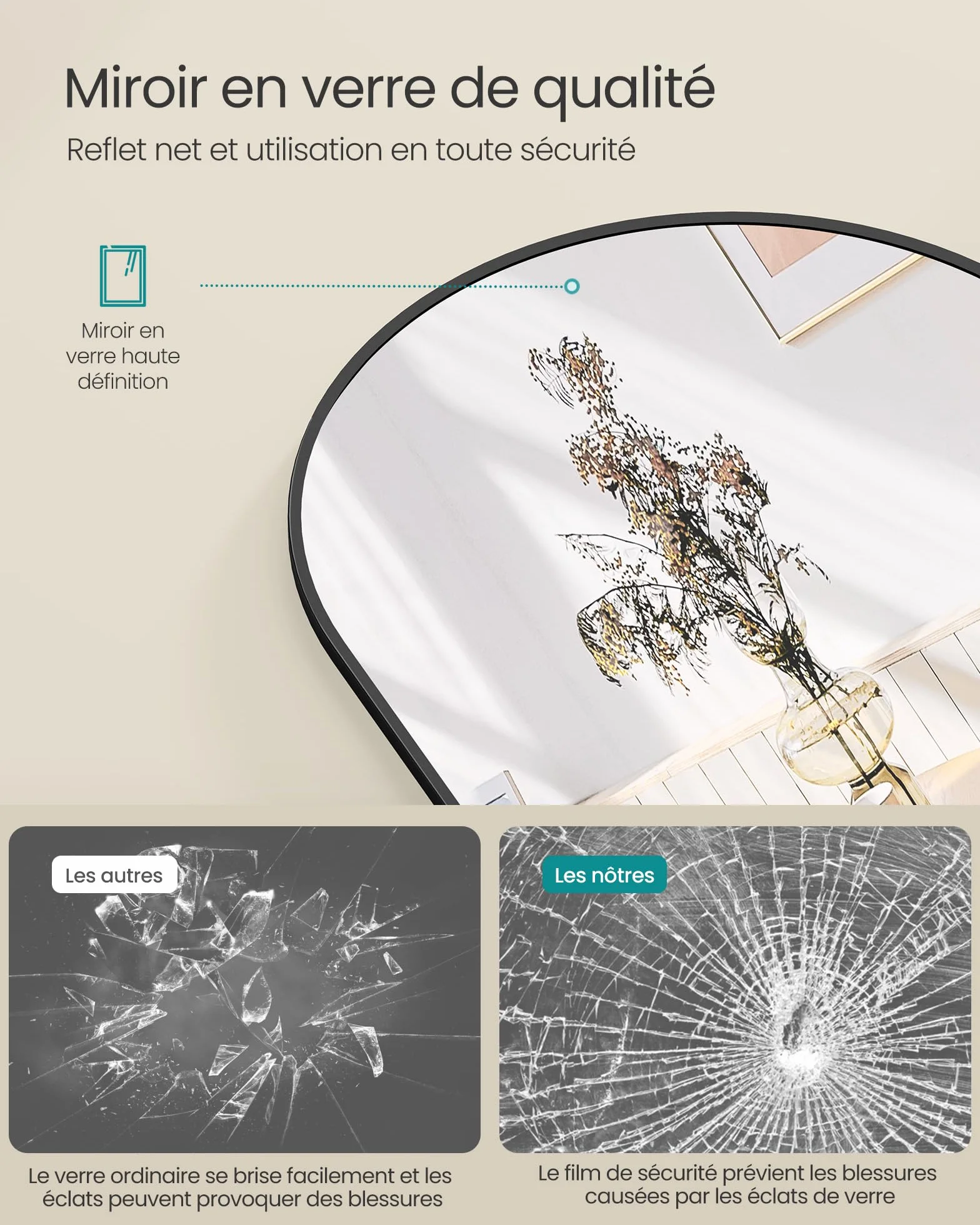 SONGMICS Miroir Intégral 160 x 50 cm Miroir Arqué sur Pied Cadre Alliage Aluminium Verre Trempé Noir