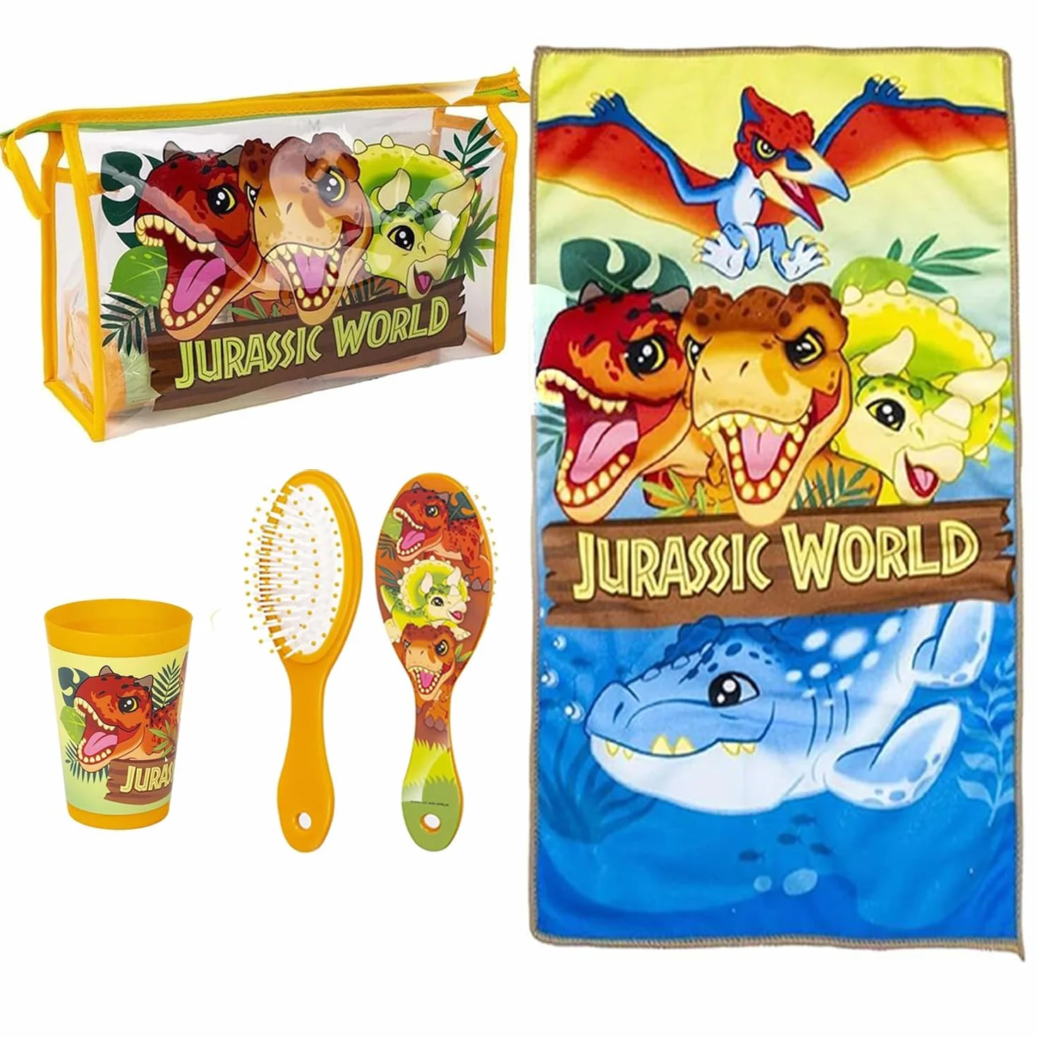 Jurassic Park Trousse de Toilette de Voyage pour Enfants avec Brosse à Cheveux, Serviette Microfibre et Gobelet Multifonction, Multicolore