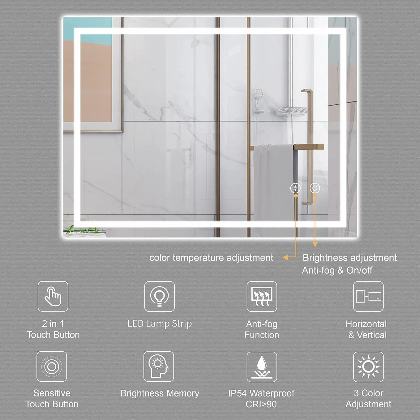 Dripex Miroir de Salle de Bain LED 60x80cm 30W Anti-buée 3 Couleurs Dimmable IP44