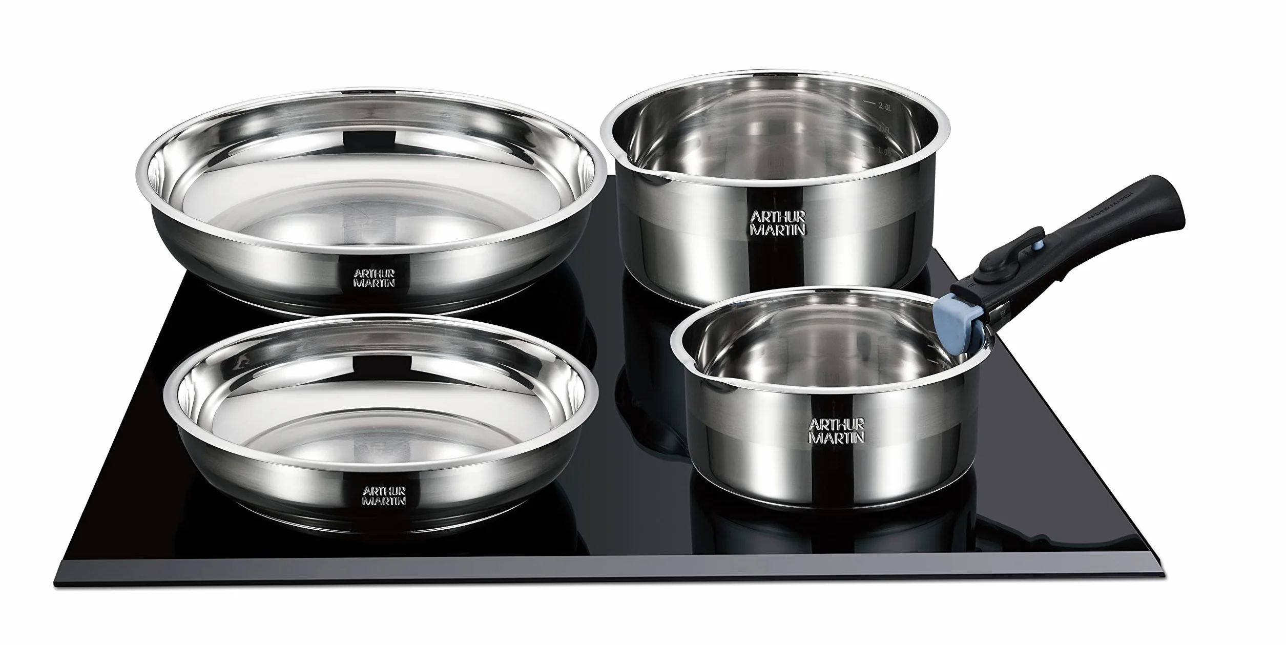 ARTHUR MARTIN Batterie de Cuisine 10 Pièces Inox Casseroles Poêles Antiadhérentes Compatible Tous Feux Poignée Amovible