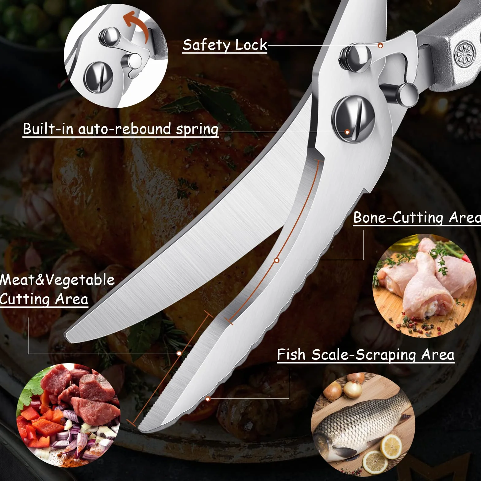 TIVOLI Ciseaux à Volaille Professionnels Acier Inoxydable Ultra Tranchants pour Poulet Viande Poisson Légumes avec Étui Sécurité
