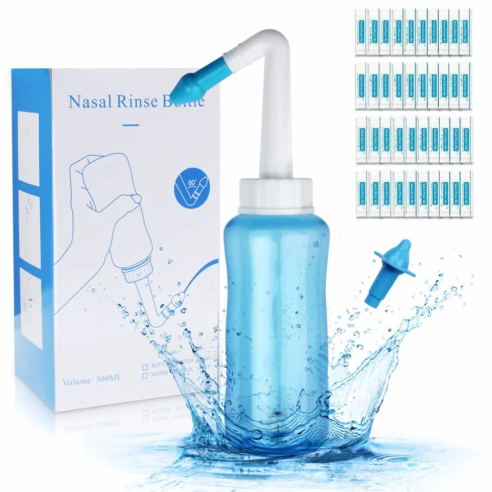 Kit Lavage de Nez 300ml Bouteille 40 Sachets Sel Nasal Douche Nasale Irrigation Sinus Rinse