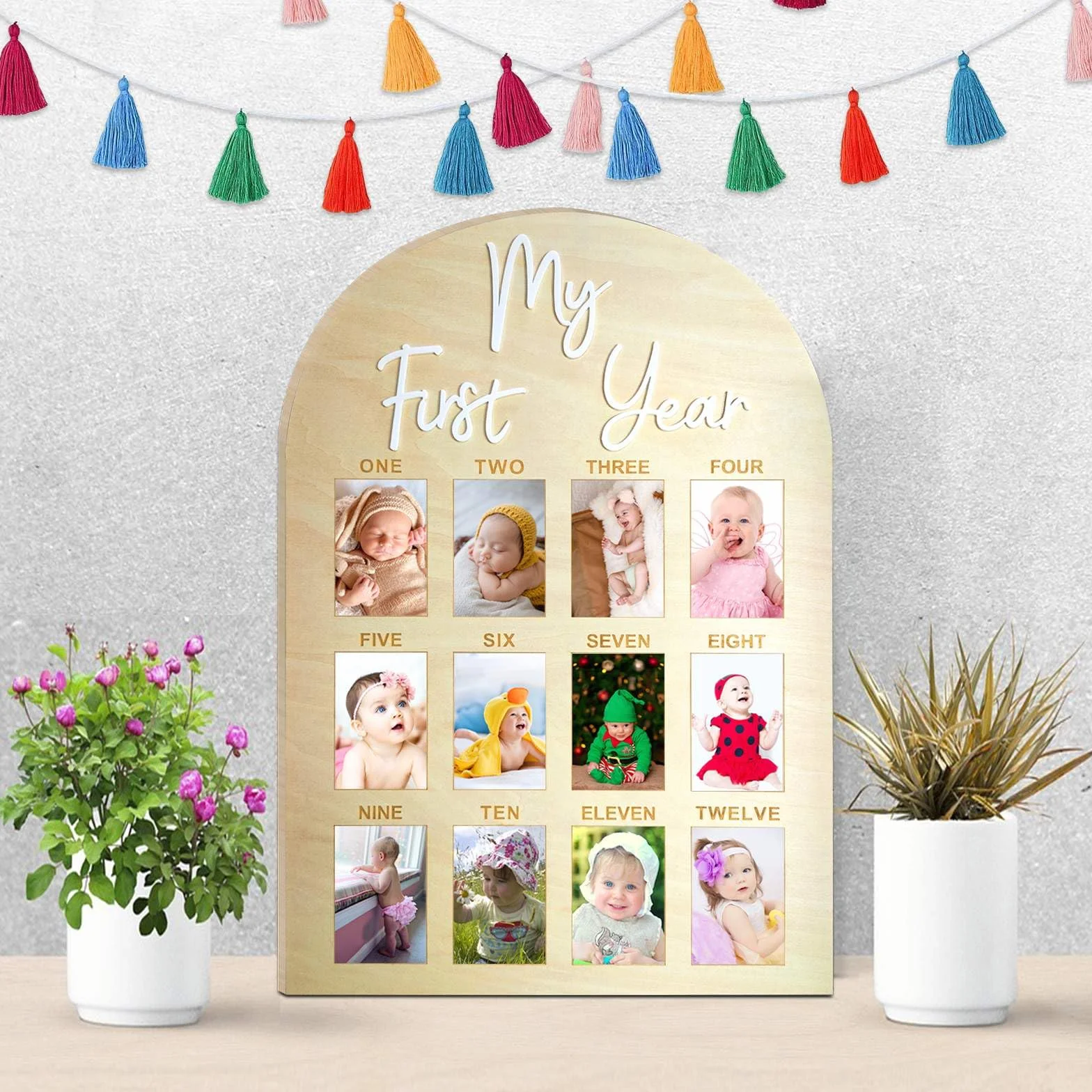Tableau photo bois My First Year Milestone Cadre 12 mois Décoration 1er anniversaire Cadeau bébé