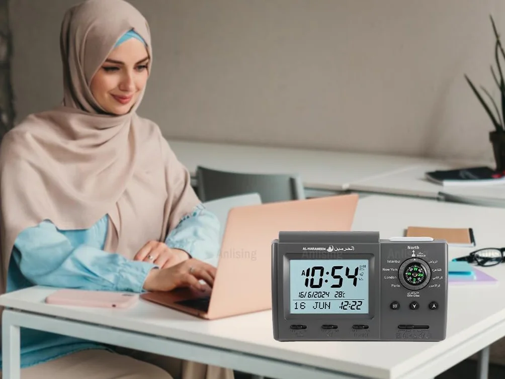 Horloge de table islamique Azan Alarme de prière musulmane numérique direction Qibla 3005 Noir