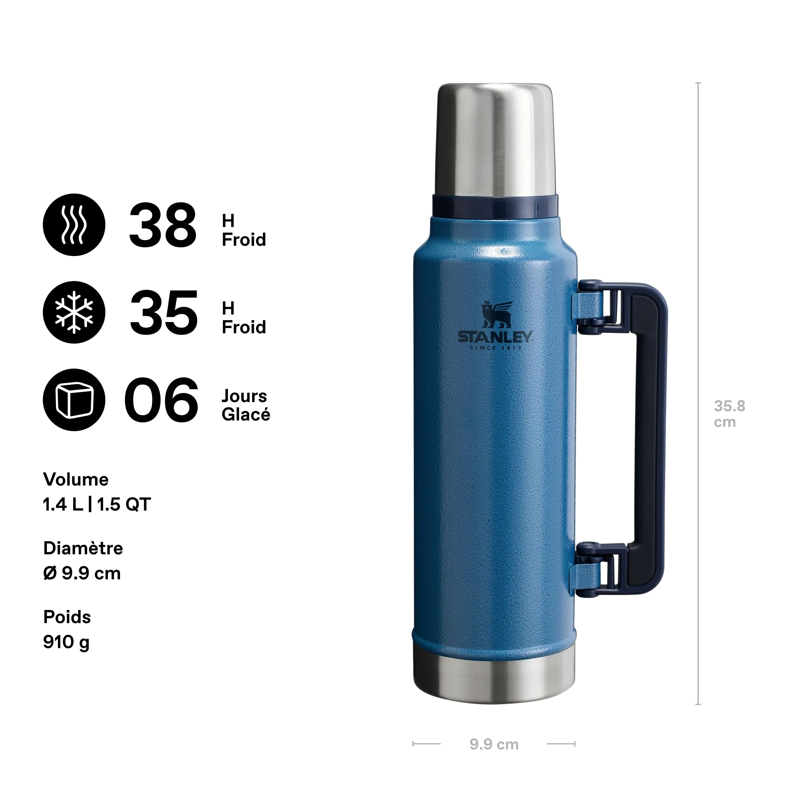 Stanley 1913 Classic Legendary Thermos 1.4L - Hammertone Lake | Maintient la Température 40h (Chaud/Froid) - Bouteille Isotherme - Sans BPA - Gourde Isotherme en Acier Inoxydable