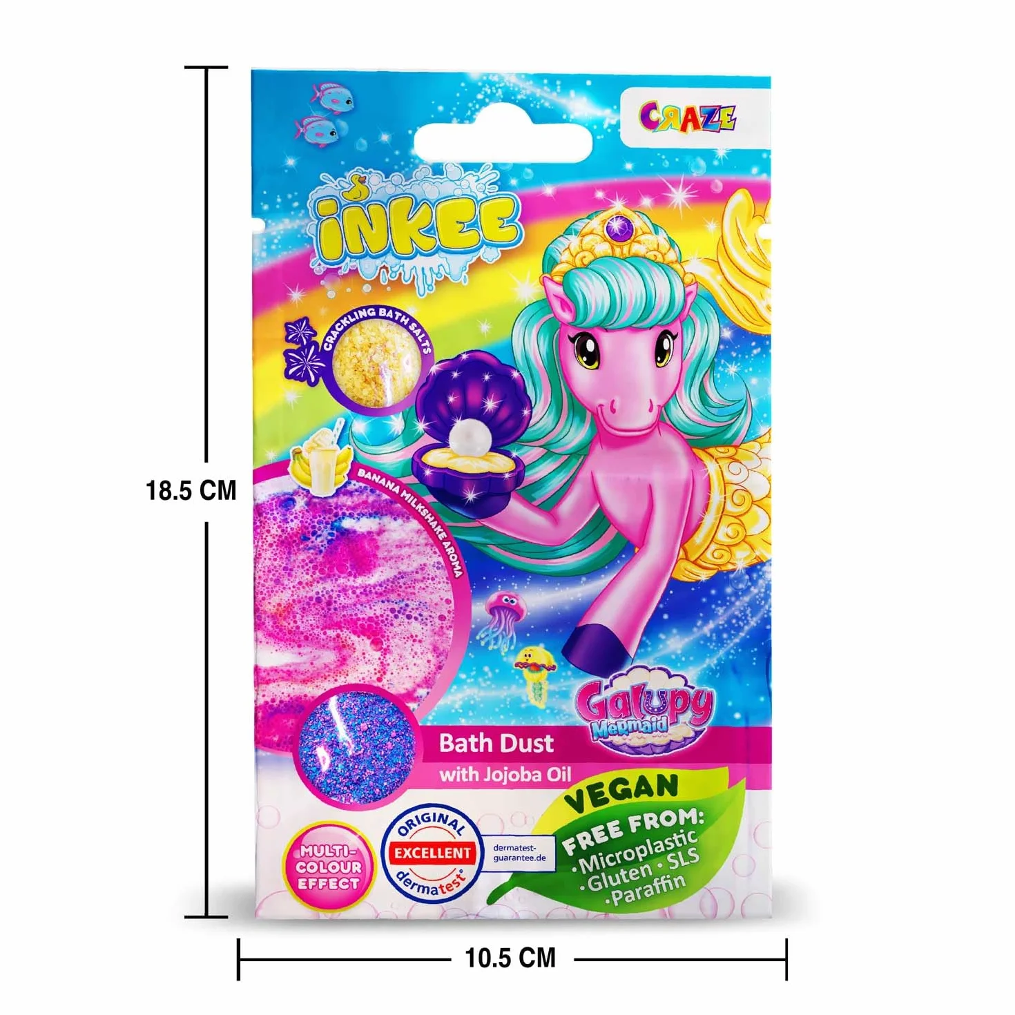 INKEE Granulés de Bain Galupy Mermaid Pack de 16 Sels de Bain Crépitants Rose Bleu Violet Huile de Jojoba Arôme Milkshake Banane 16 Sachets 60g