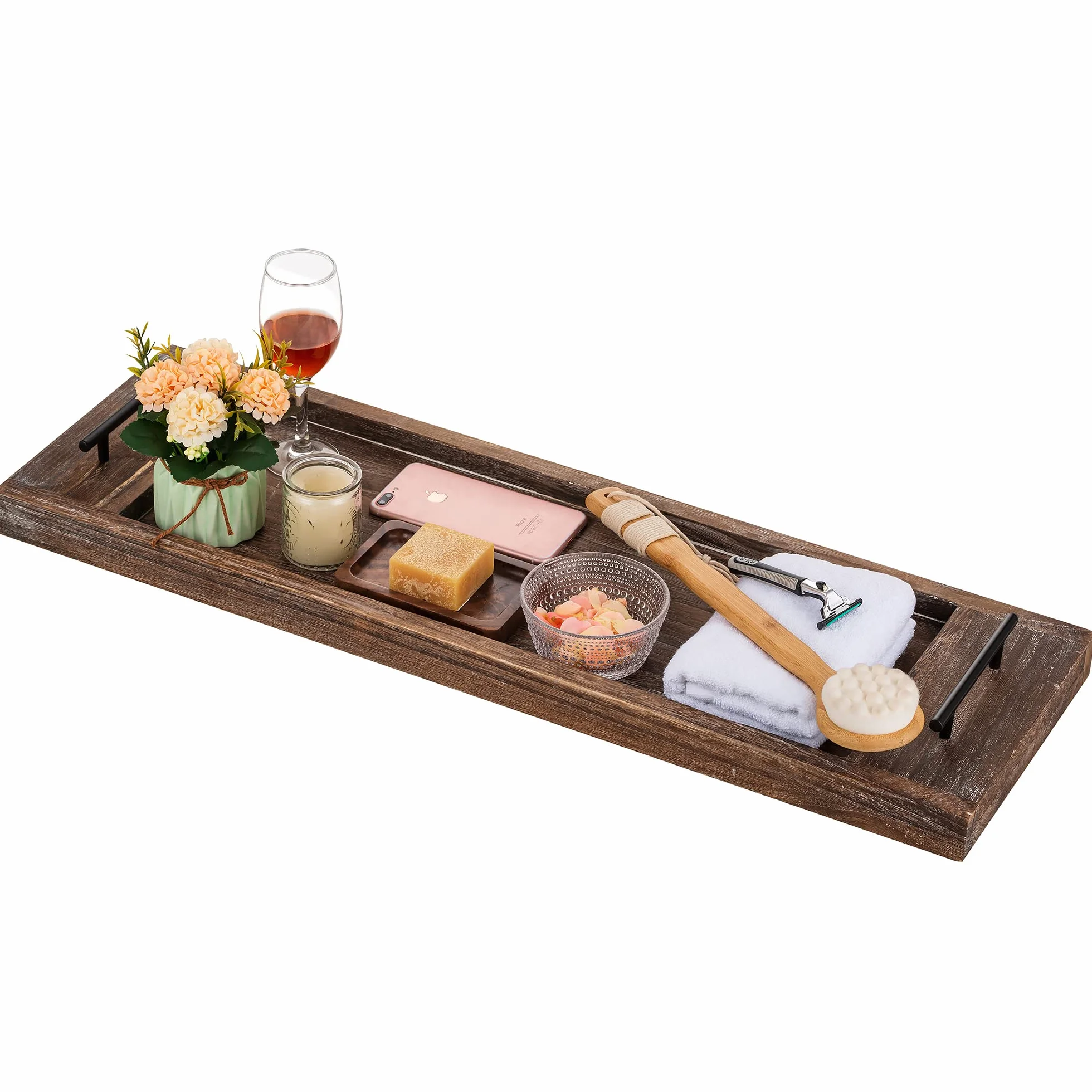 Hanobe Plateau Baignoire Décoratif Bois Rustique Grand Planche avec Poignée Salle de Bain Vintage Marron 81cm