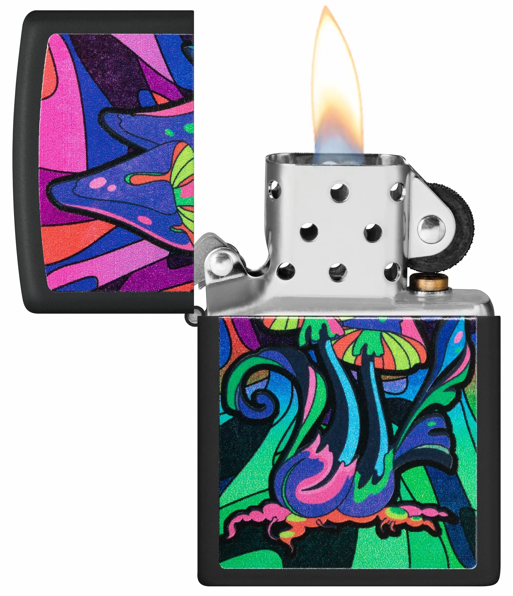 Zippo - Briquet Tempête Motif Champignons Psychédéliques Et Galaxie/Contre-Culture, Noir Mat, Lumière Noire, Rechargeable, Réutilisable, Coupe-Vent, Coffret Cadeau, Fabriqué Aux États-Unis