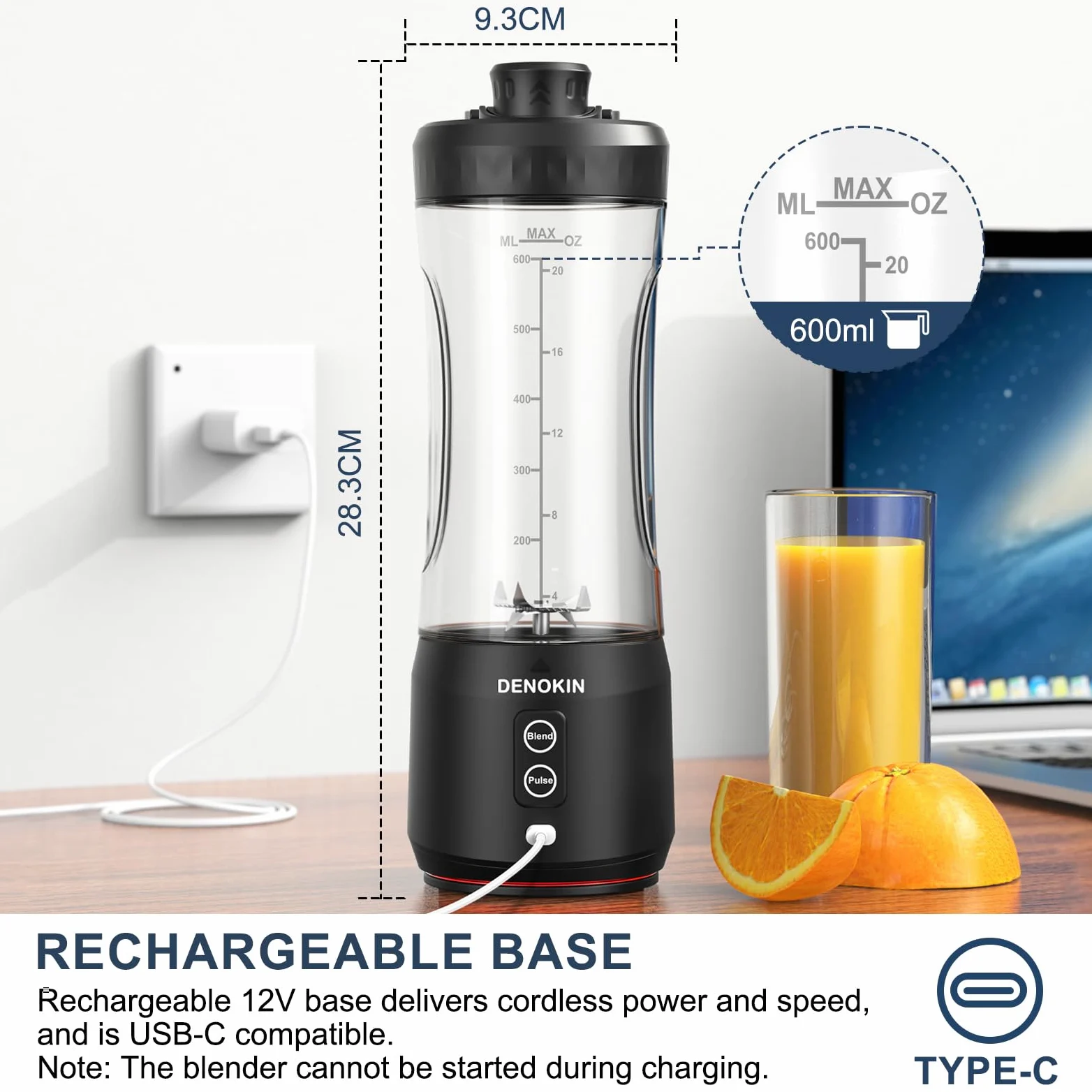 DENOKIN Mélangeur portable sans fil, 590 g, mélangeur personnel pour milkshakes et smoothies avec couvercle On Go et couvercle à siroter, petit mélangeur pour cuisine, maison, voyage