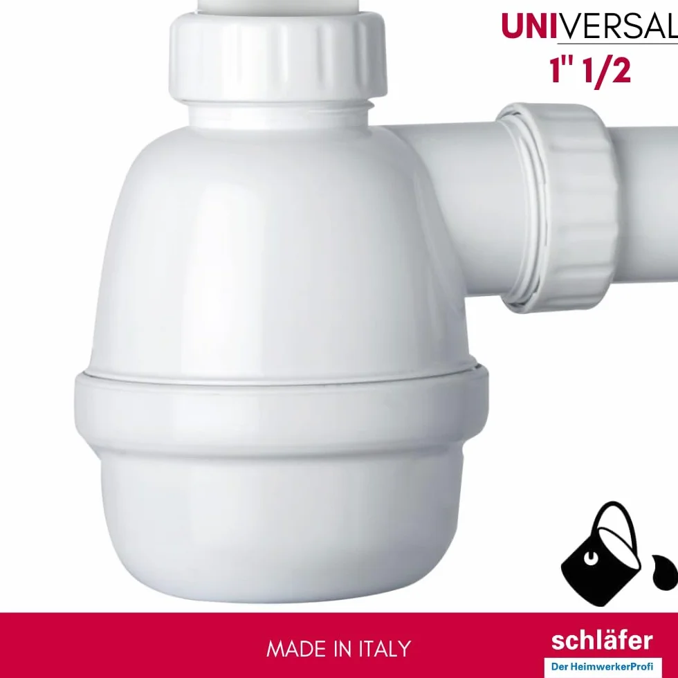 Siphon universel pour éviers 1"1/2 avec prise machine à laver vaisselle, diamètre 40 mm, réglable en hauteur, blanc