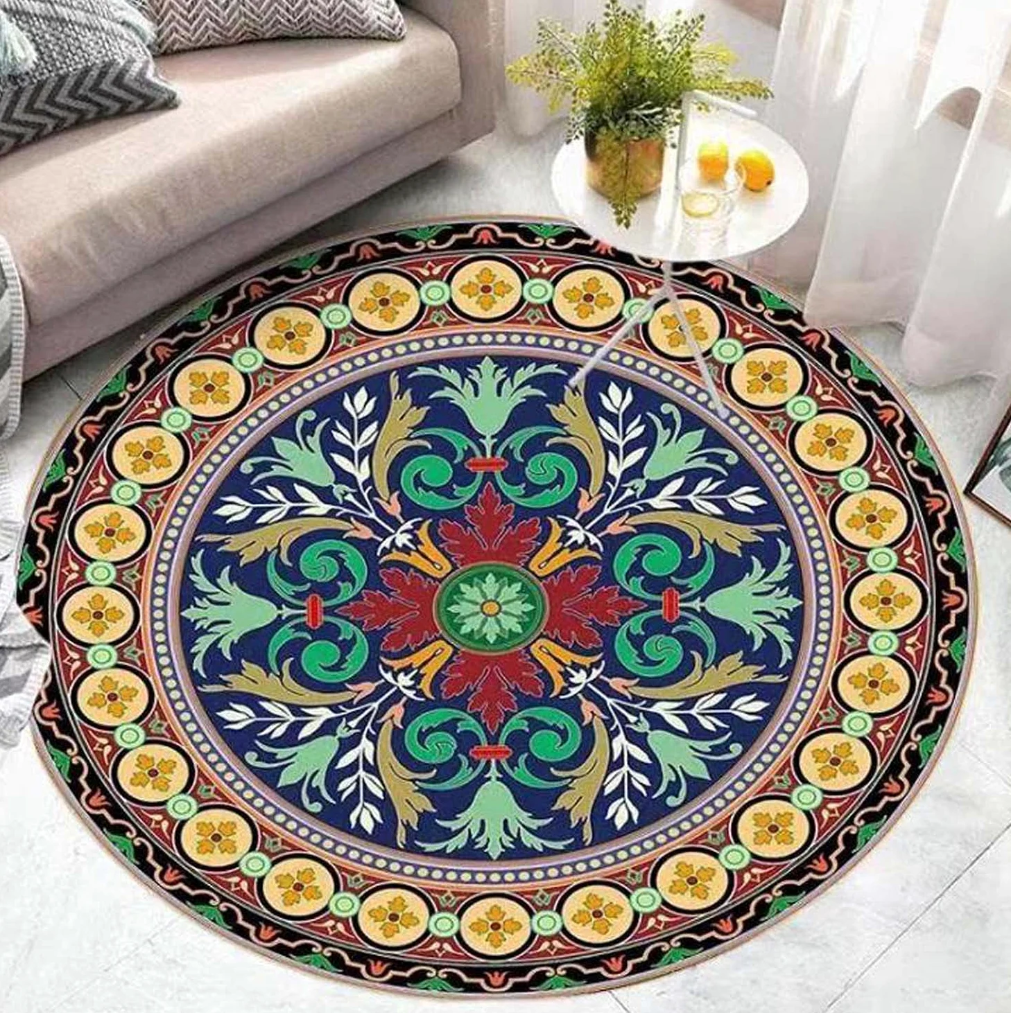 Dhao Cotton Tapis Rond Lavable en Machine Motif Mandala Européen pour Salon Chambre à Coucher Bureau Style Folk Épaississement Différentes Tailles Tapis Ø 180 cm