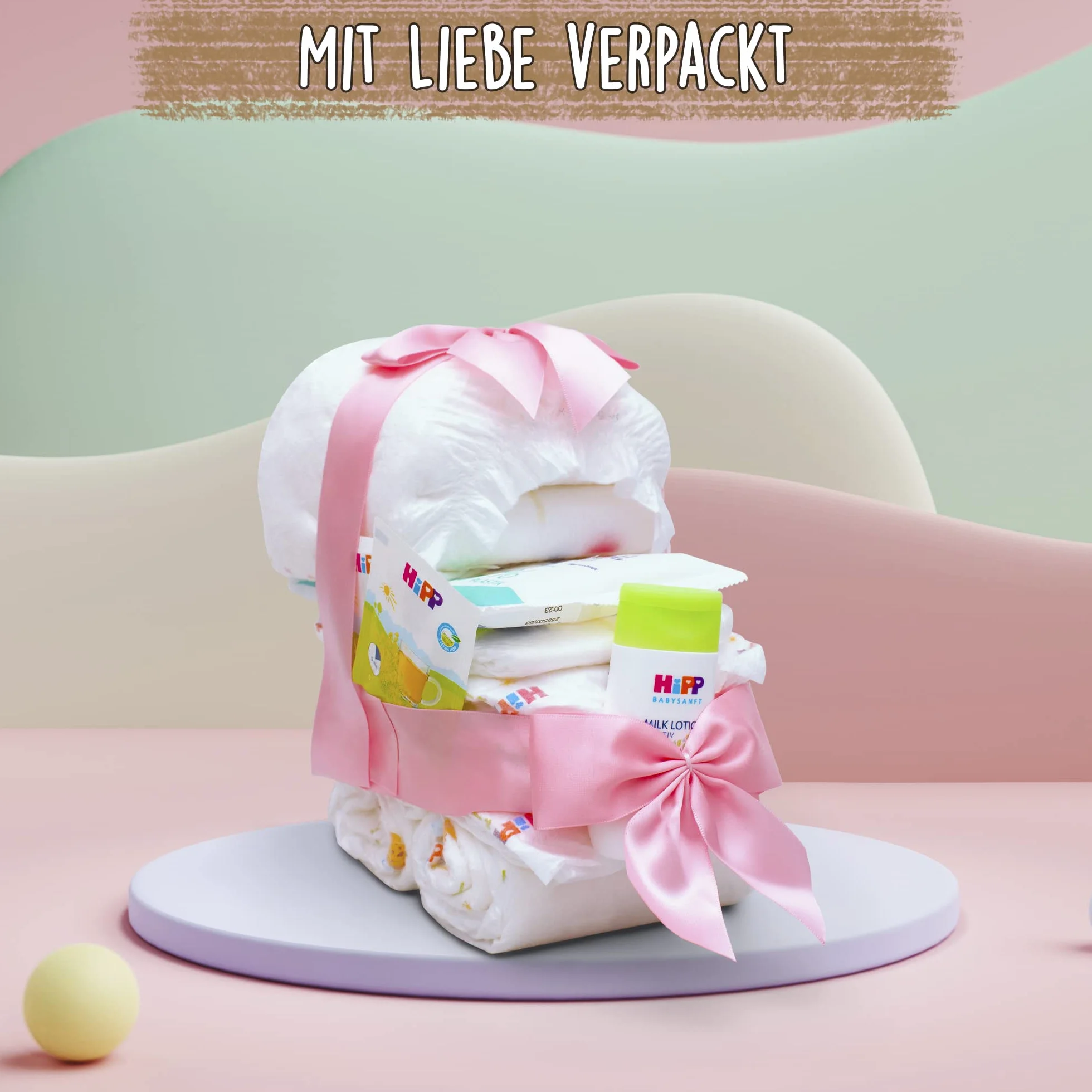 MilaBoo Gâteau de couches pour poussettes avec produits Hipp vert Cadeau de naissance Made in Germany