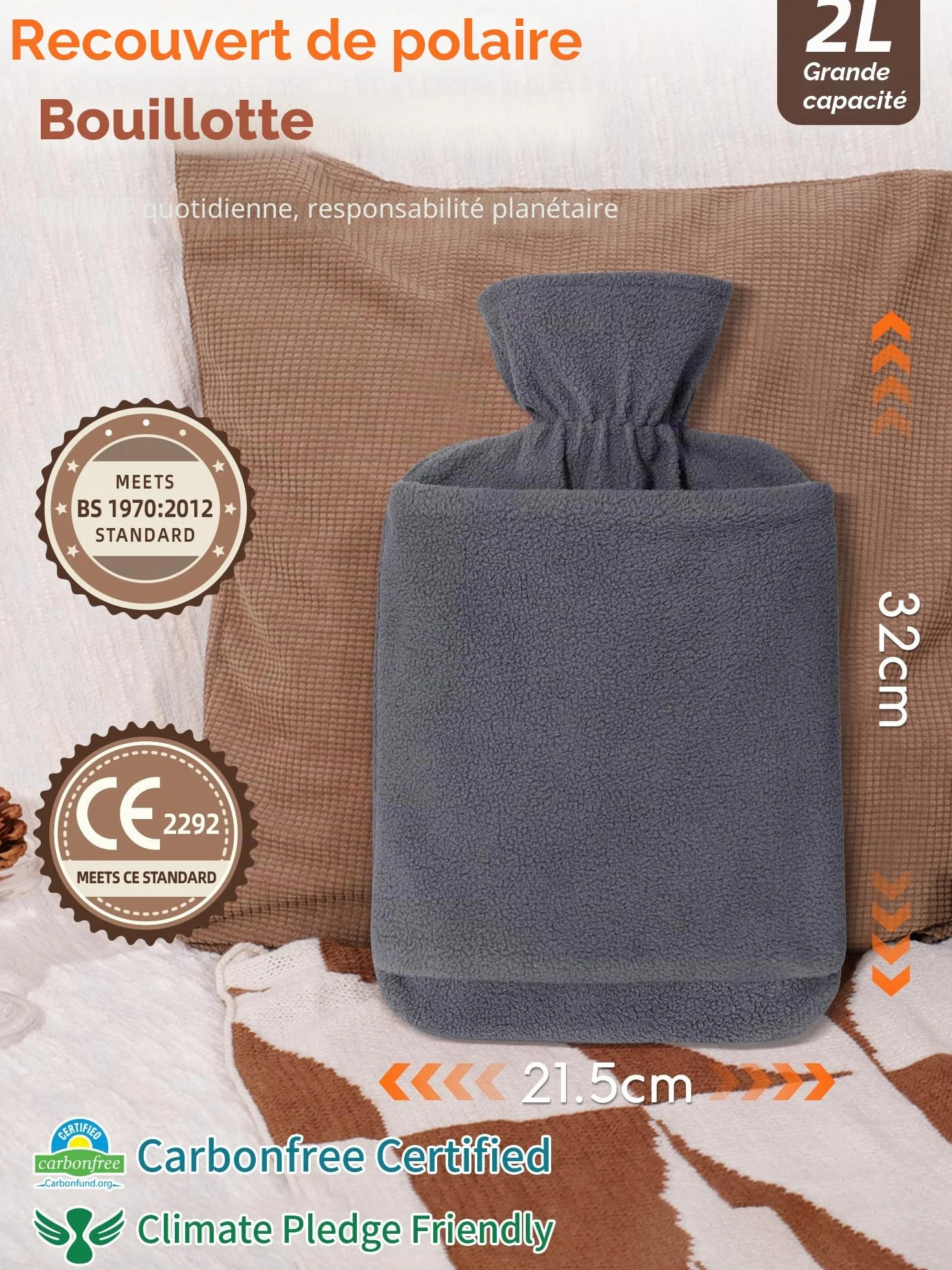 Bouillotte 2L Anti-Fuite Avec Housse Non-Tissé et Poche Kangourou - Gris