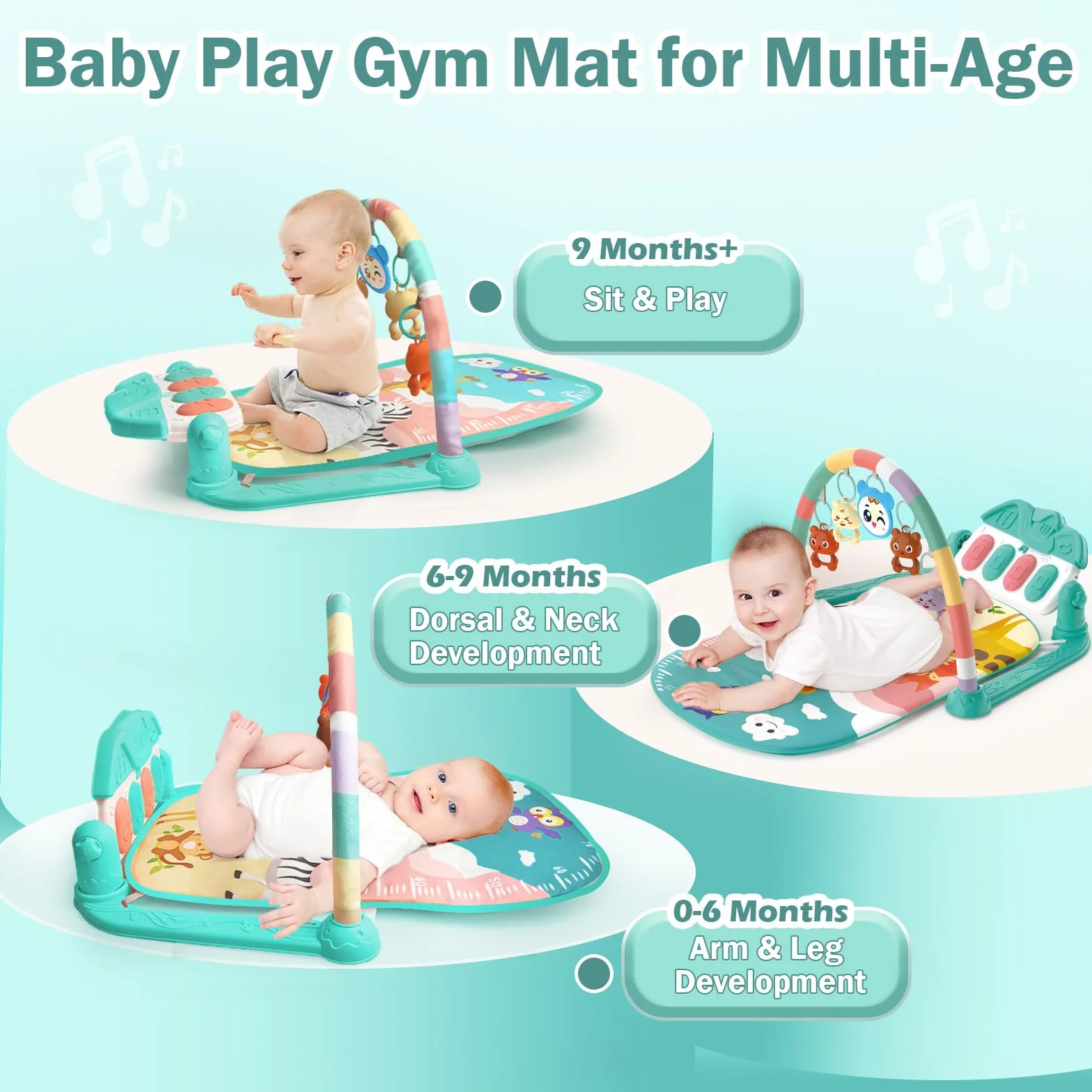 Tapis d'éveil Bébé 0-6 Mois avec Hochets et Musique de Piano, Tapis Sensoriel Motricité Vert