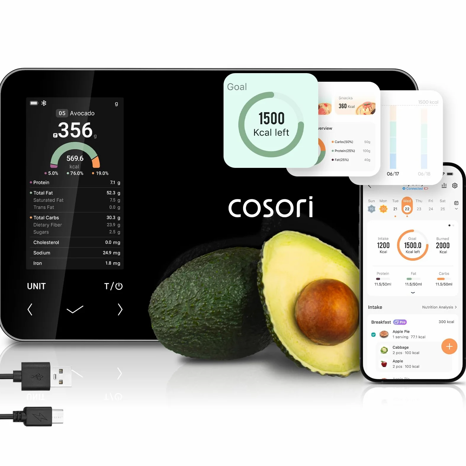 COSORI Balance de cuisine numérique intelligente avec calculatrice nutritionnelle, informations nutritionnelles à l'écran, application gratuite pour le suivi des calories et des macros, analyse AI
