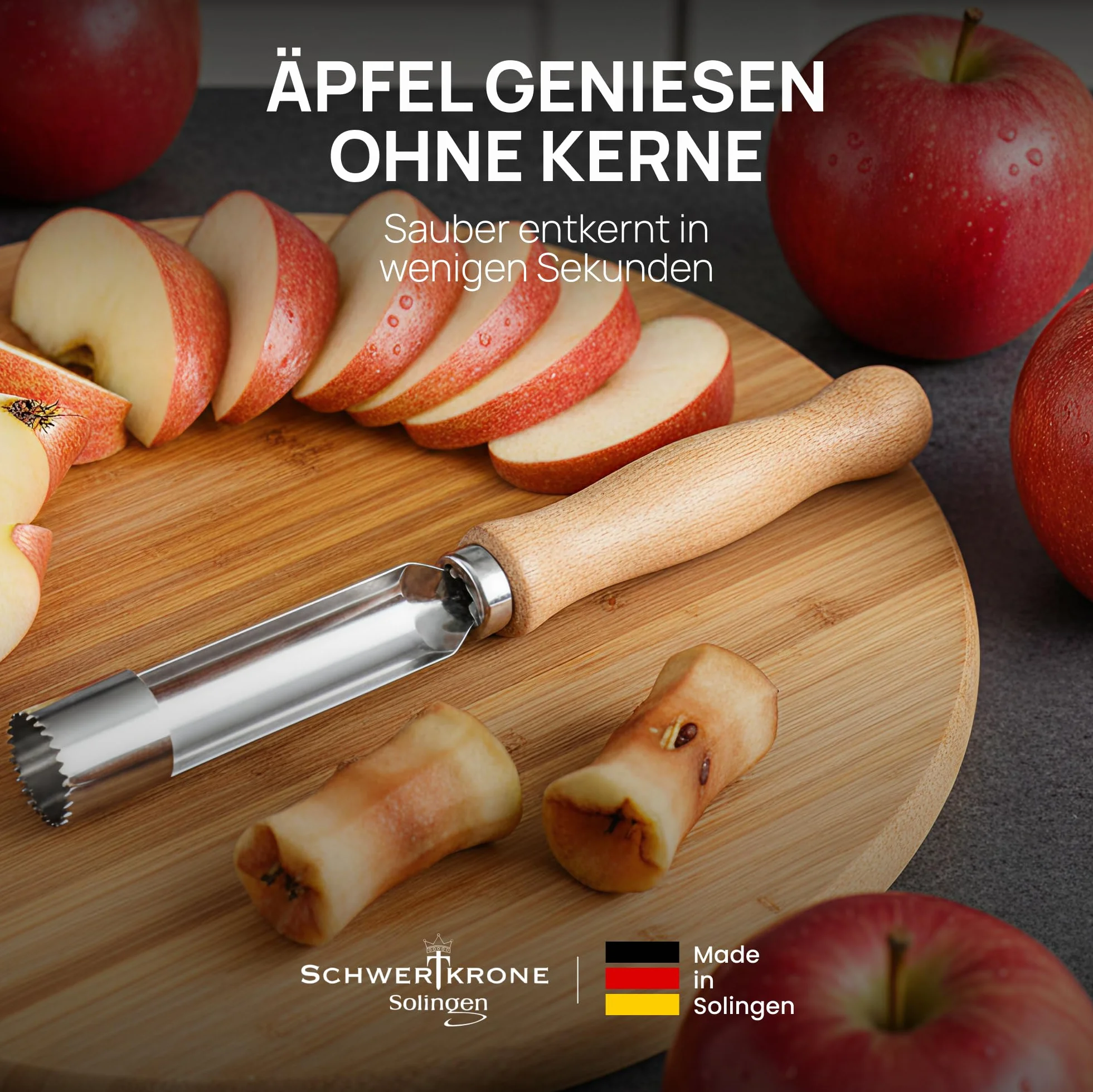 SCHWERTKRONE® Vide Pomme MADE IN GERMANY Éplucheur de Pommes Enleve Trognon Evideur & Denoyauteur Pomme Bois de Hêtre