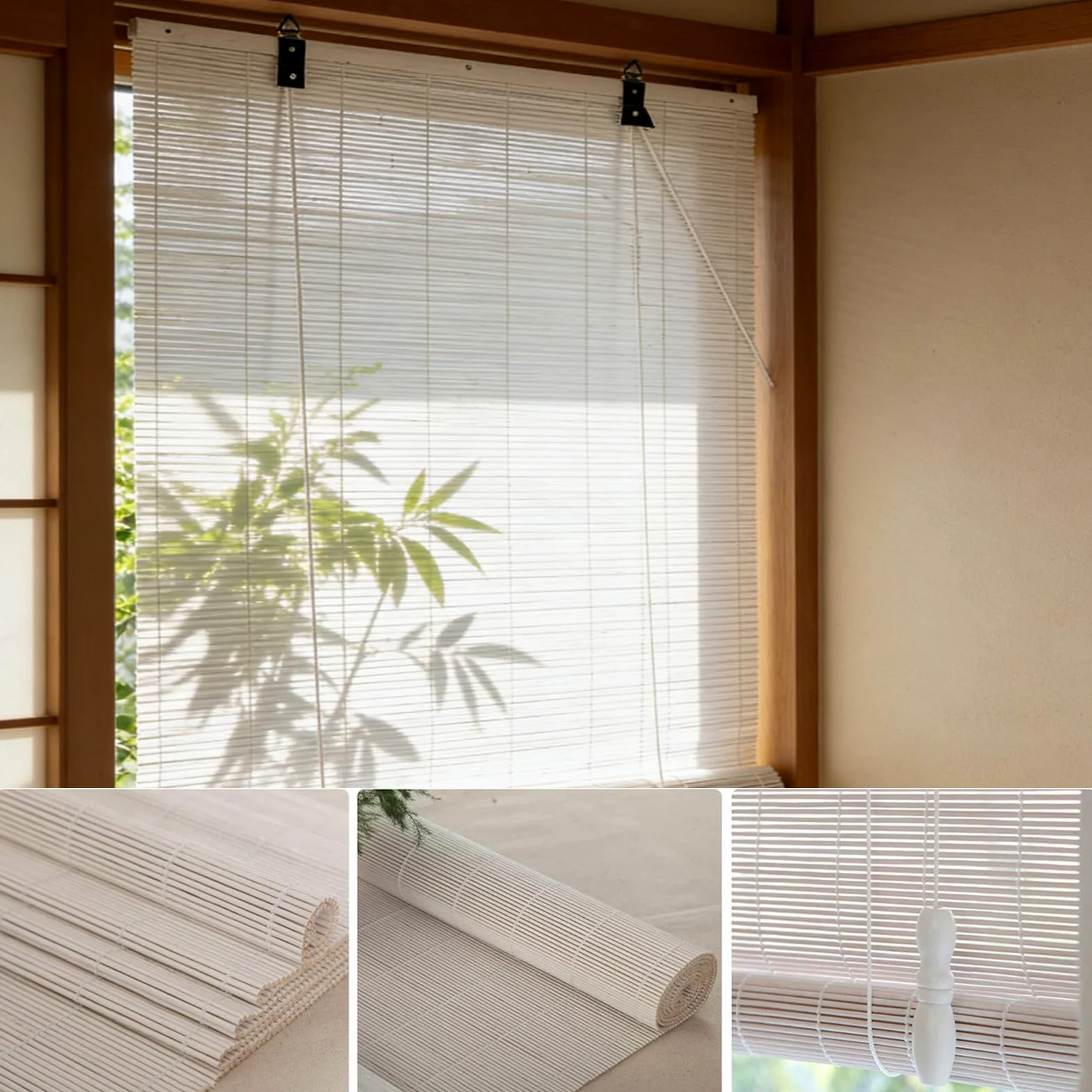 110x110cm Store Enrouleur Occultant en Bambou Blanc,Protection UV | Naturel Respirant Store Filtrant la lumière pour fenêtre Balcon,Rideau de séparation pour Salon Bureau Salle de thé