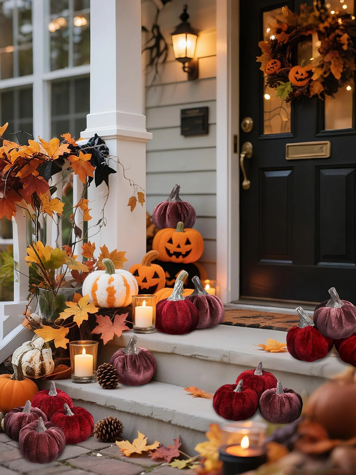 Lot de 12 citrouilles artificielles en velours 2 tailles Halloween décoration de table bordeaux violet