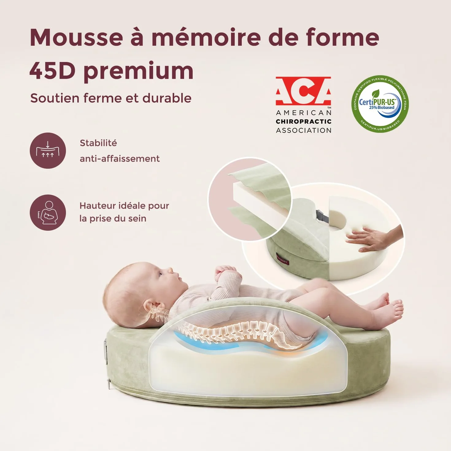 Momcozy Coussin Allaitement Mémoire de Forme Ergonomique, Soutien Large Sangle Réglable, Housse Coton Amovible Vert