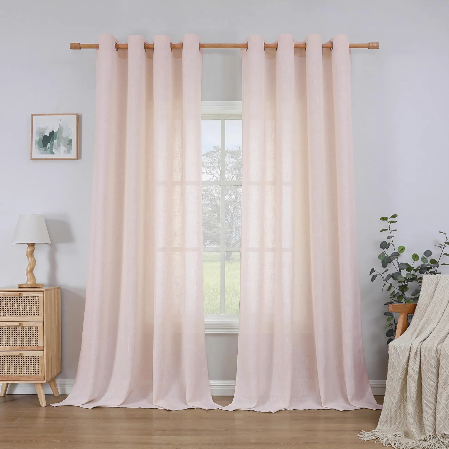 CUCRAF Rideau avec Oeillets Voilage Lin Semi-Transparent, Vieux Rose 140x245cm Lot de 2