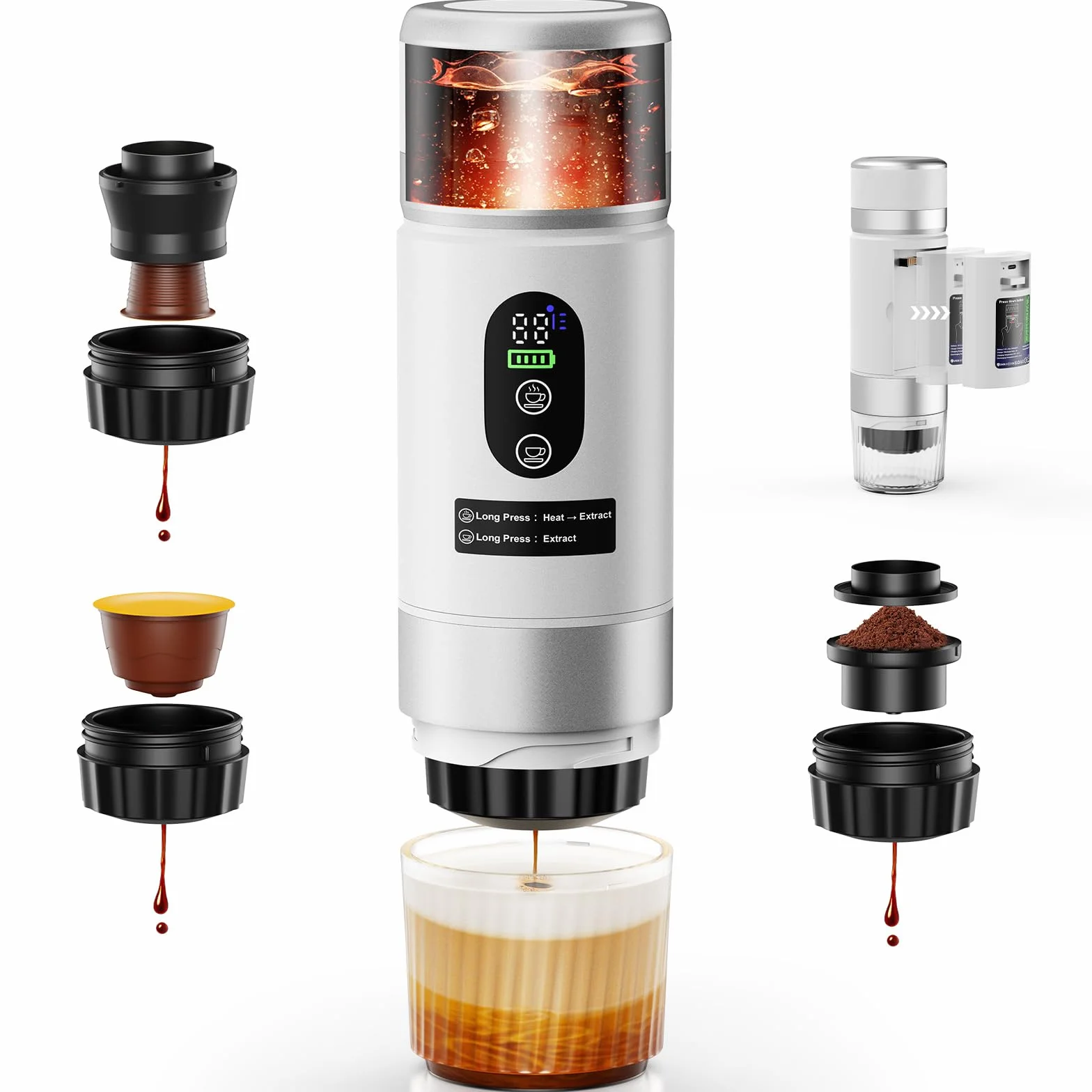 Cafetière Portable 3 en 1,Machine à Café à Capsules Expresso Cafetière Rechargeable avec Batterie 2×7500 mAh,compatible avec Capsules Ness-preso, Dolce-Gusto,pour Camping,Bureau,Voyage