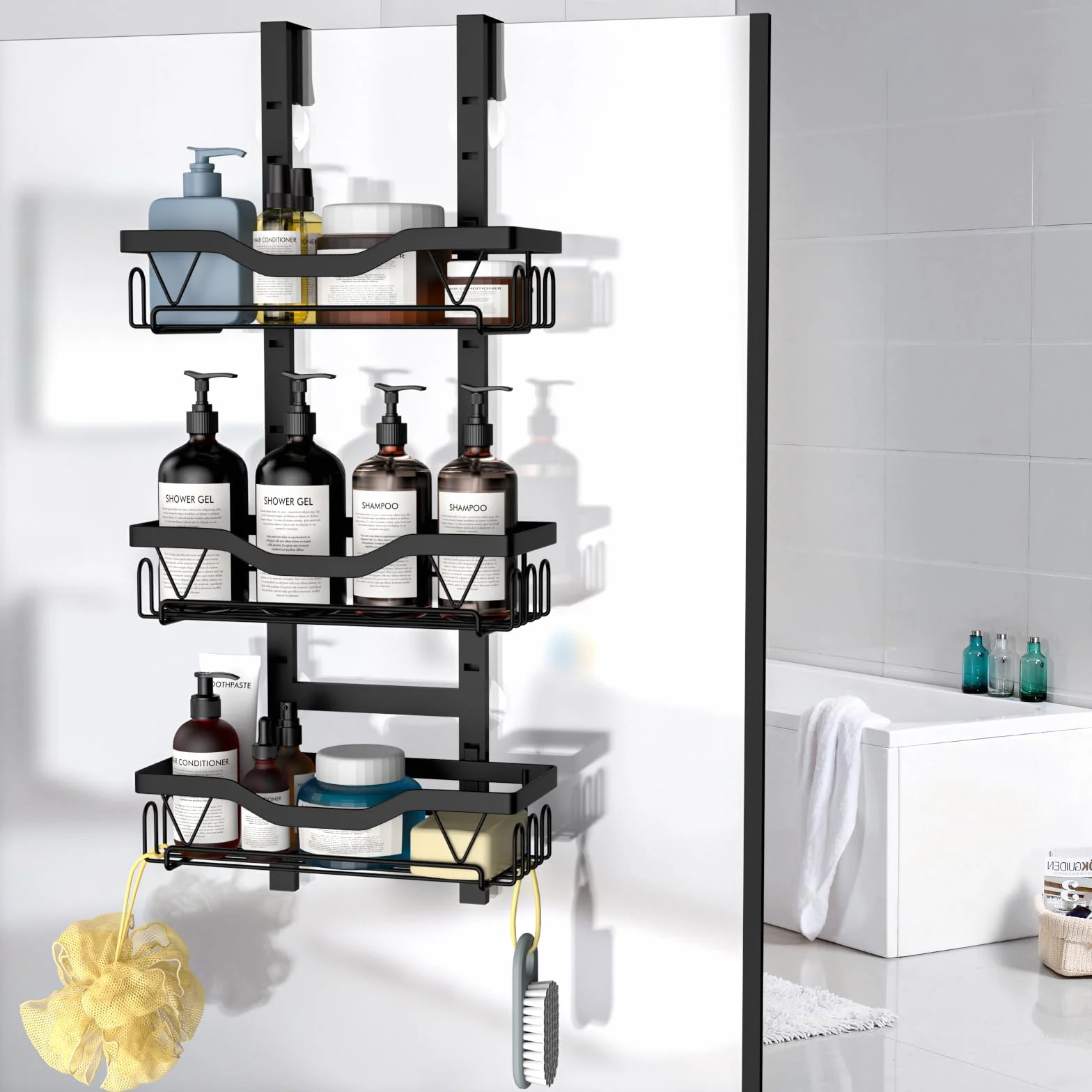 Etagere Douche à Suspendre sans Percage 3 PCS Réglable Panier Gel Shampooing Noir
