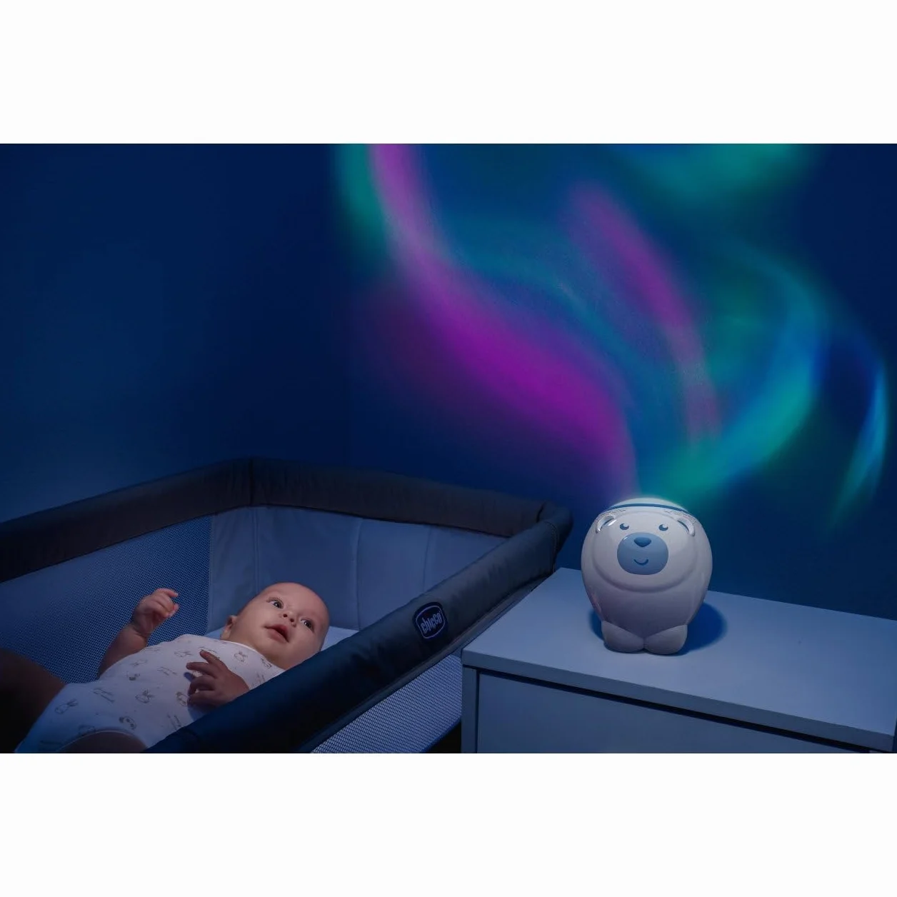 Projecteur 2en1 Ours Polaire First Dreams Veilleuse Enfants Aurore Boréale Musique Classique Sons Nature Bébé Bleu
