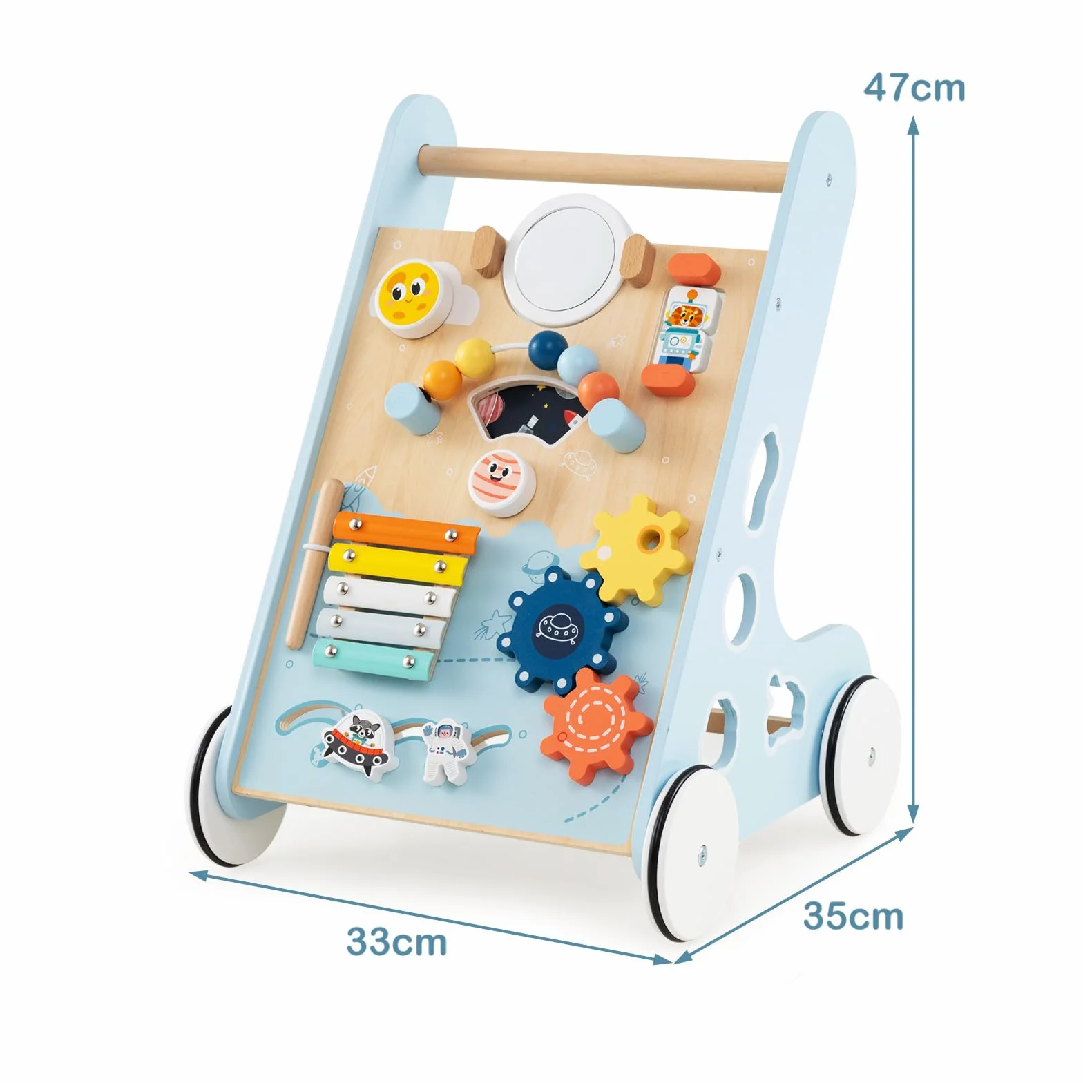 LIFEZEAL Chariot de Marche Bébé en Bois, Trotteur Evolutif 8 en 1, Centre d'activité avec Xylophone en métal, Jouet éducatif, Marcheur pour Bebe 1+ an (bleu)