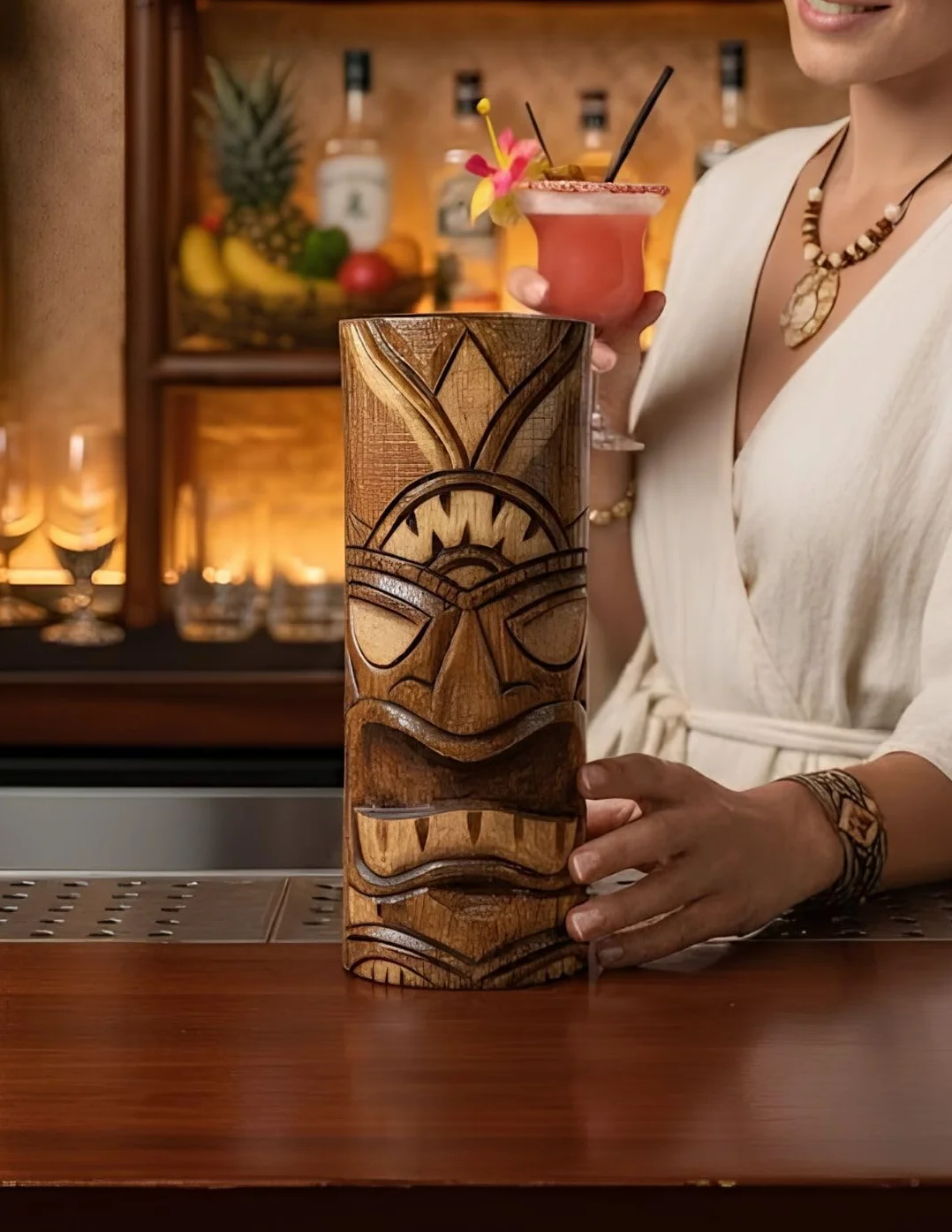 Coco Papaya Totem Tiki 25cm en Bois sculpté