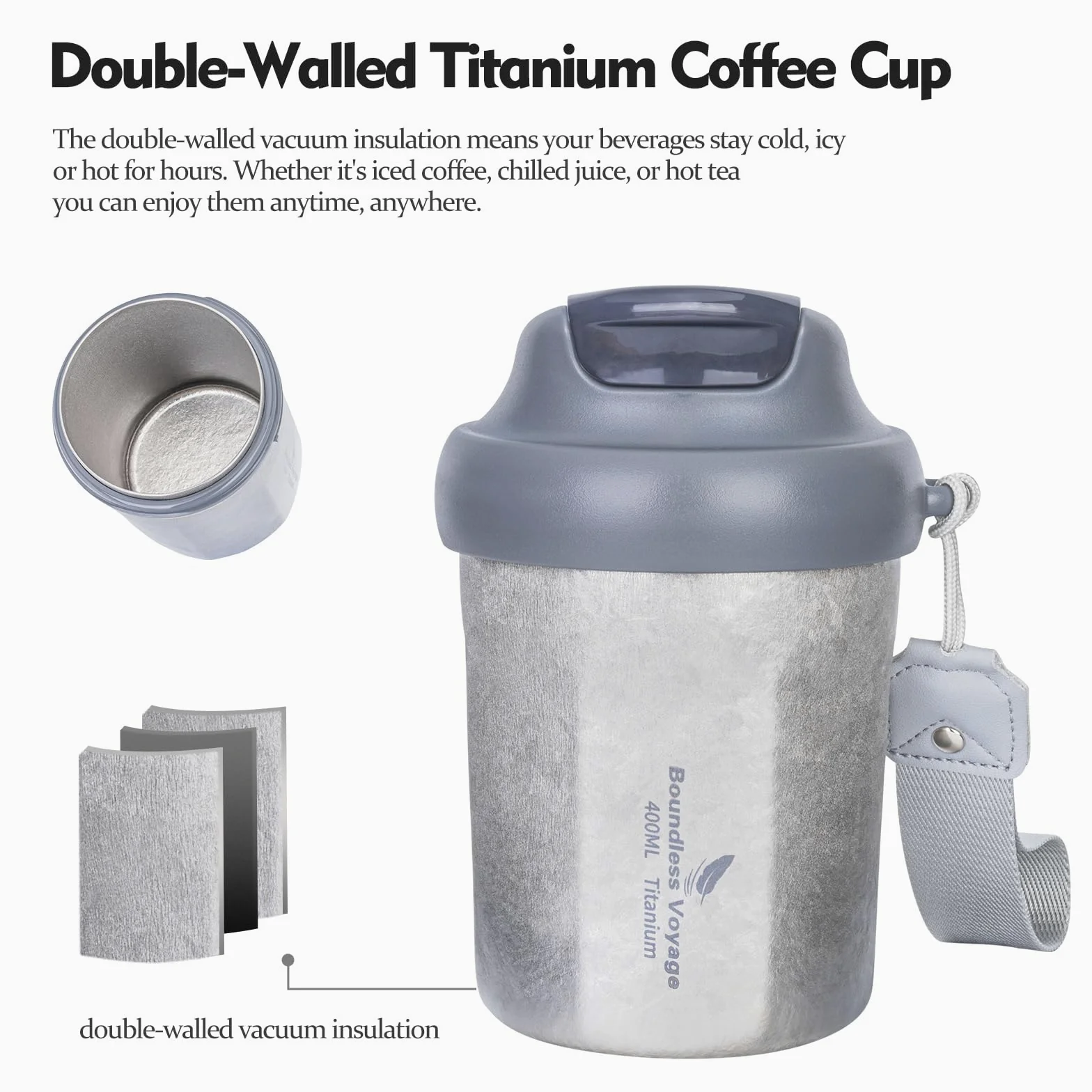 iBasingo Ti3236D Tasse à café en titane isotherme anti-déversement avec couvercle coulissant réutilisable à double paroi pour garder l'eau chaude/glacée, le thé, la bière
