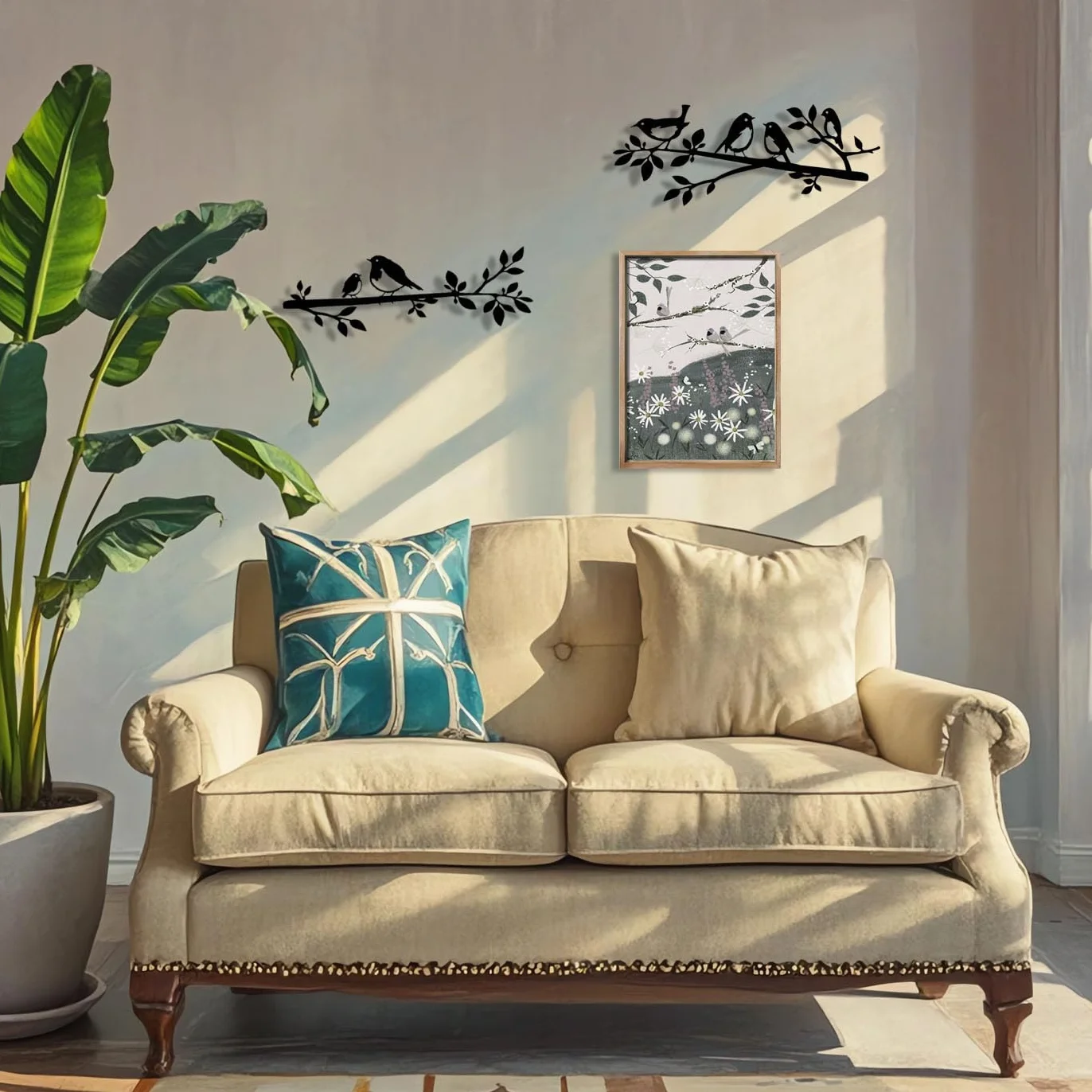 Oiseaux Muraux en Métal Décoration Murale Feuilles Silhouette pour Jardin Balcon (2)