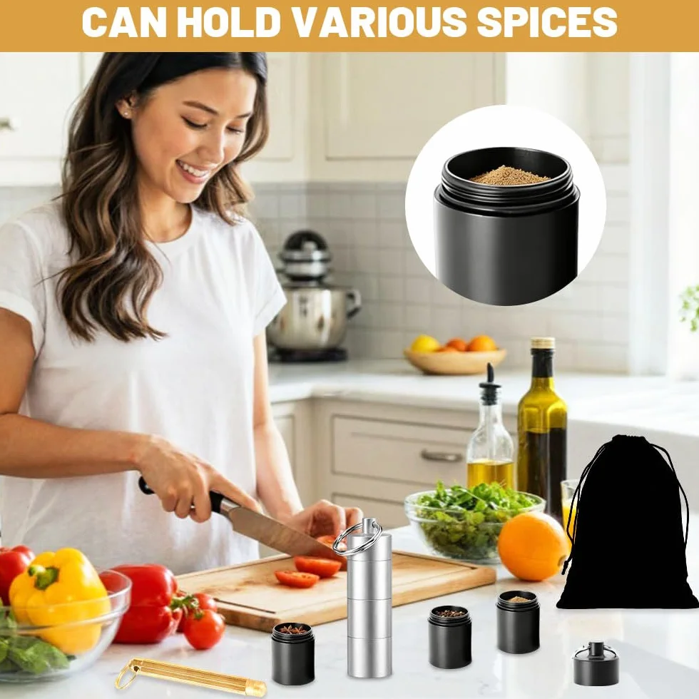 Lot de 2 Mini Pot à épices Aluminium Portable avec Sac à Cordon et Cuillère pour Camping BBQ