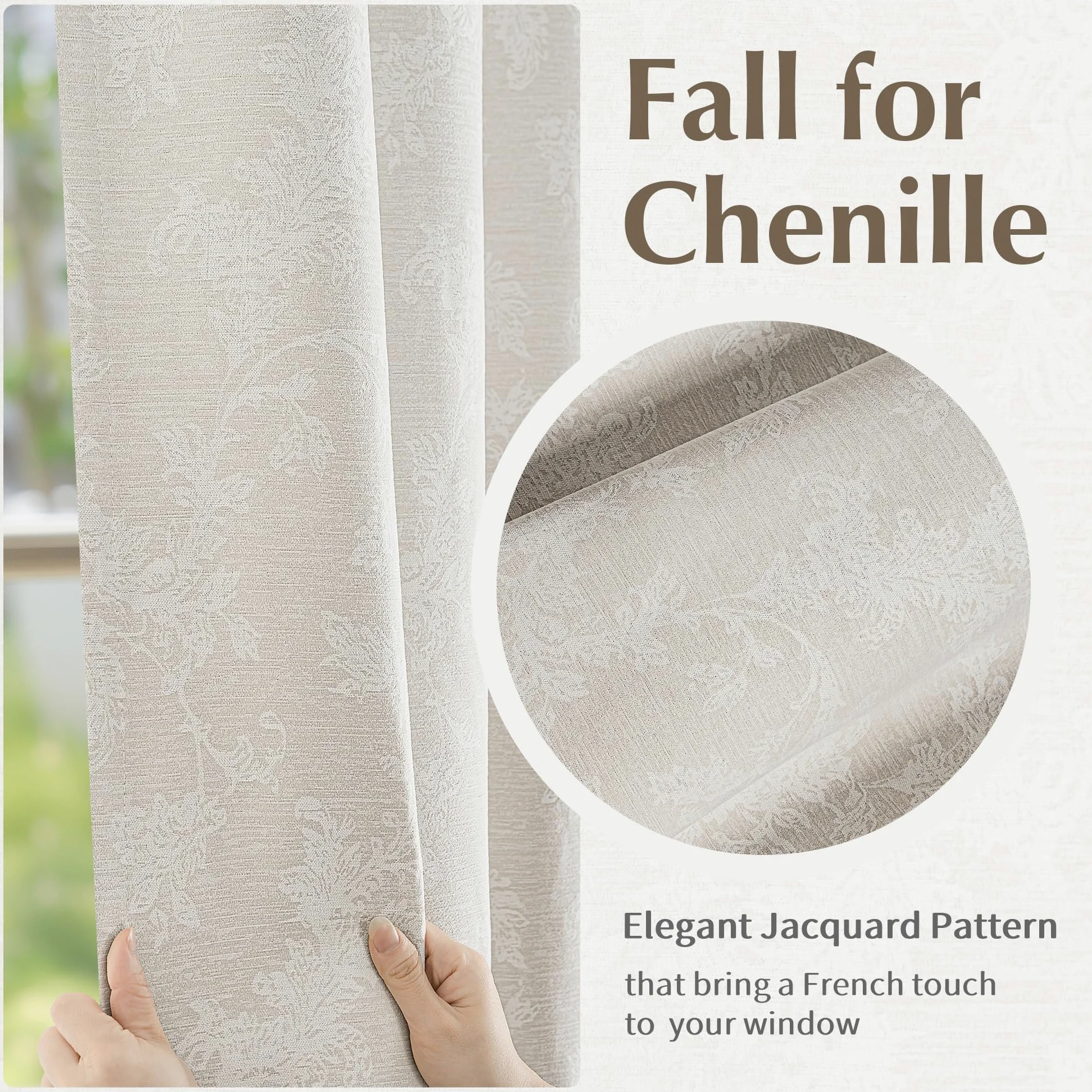 Fmfunctex Lot de 2 rideaux occultants en tissu chenille à œillets pour salon et chambre à coucher Motif floral beige 229 cm