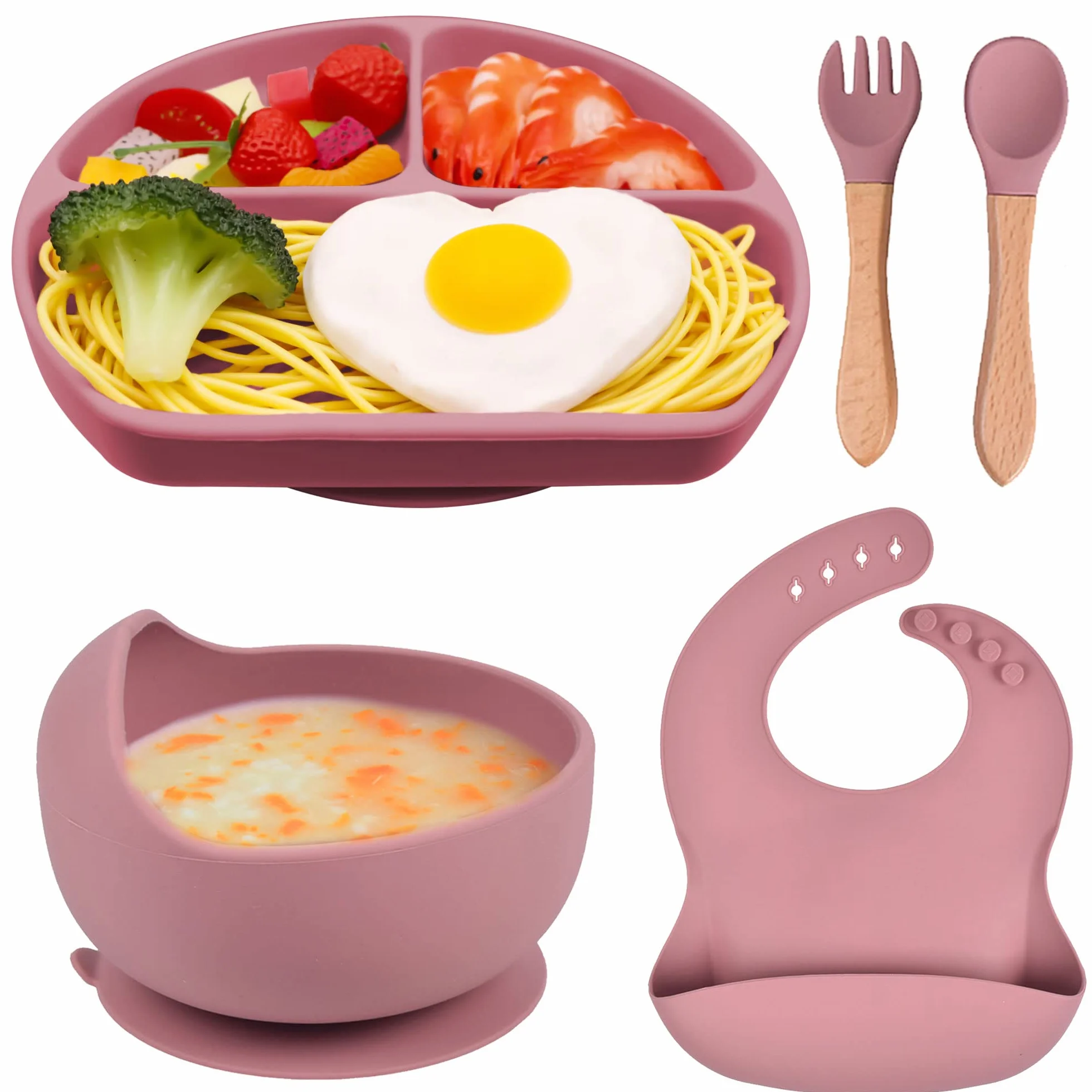 Zestaw Assiette Bébé Silicone Sans BPA 5 pièces Rose