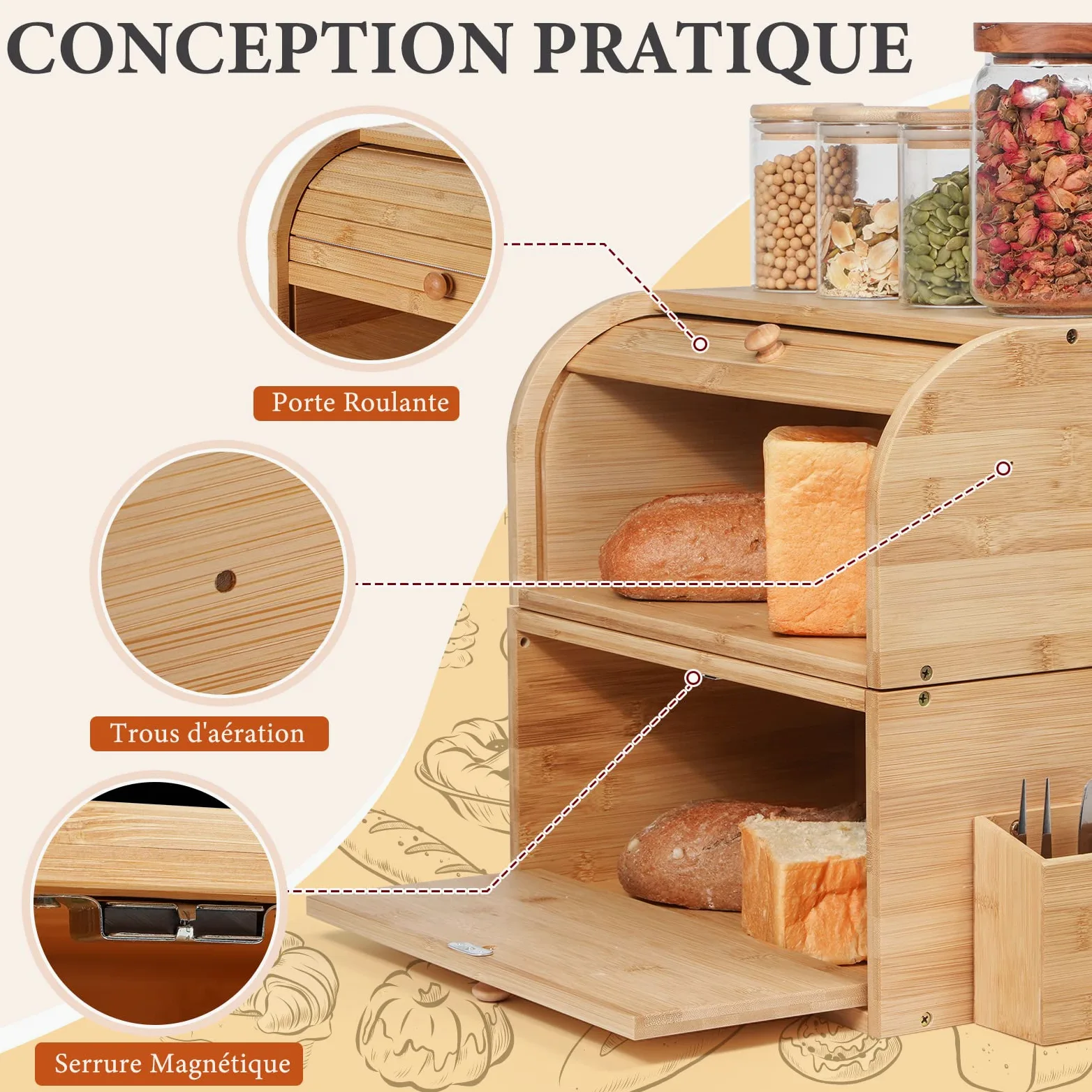 GUUSII HOME Boite a Pain Bois Grande Capacité Boîte à Pain de mie Bambou Huche a Pain Moderne pour Cuisine Countertop 38 x 25 x 36 cm Double Couche Empilable