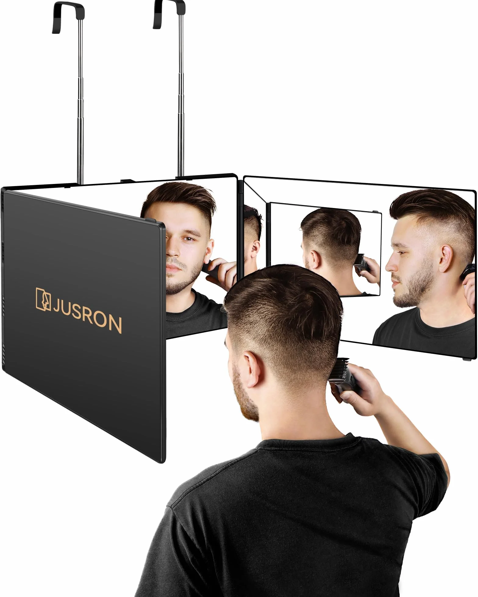 JUSRON Miroir à Suspendre 360° Pliable 3 Parties Réglable en Hauteur Cosmétique Maquillage Rasage Coiffure
