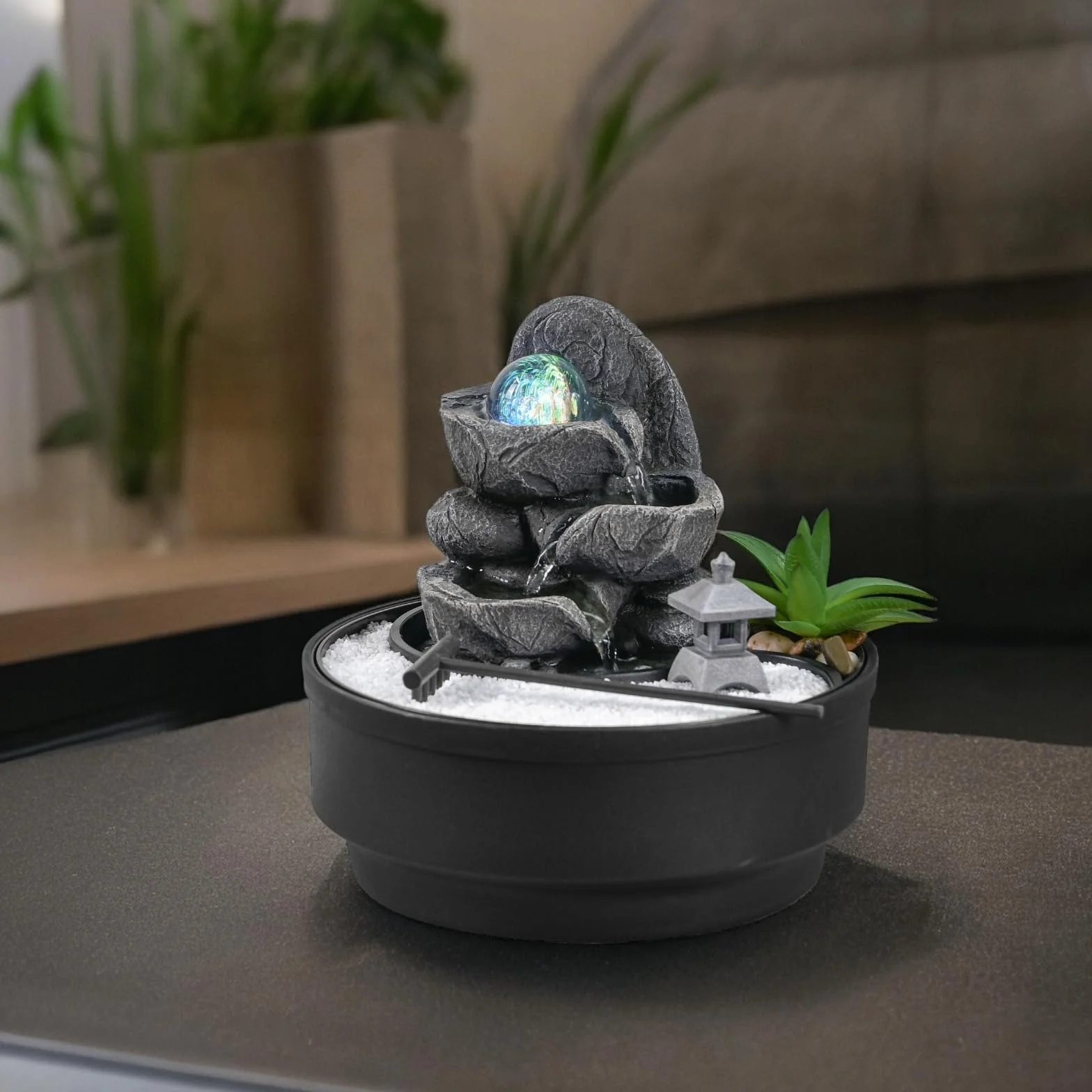 Fontaine d'Intérieur Jardin Zen, Boule de Verre Lumineuse LED Coloré, Circuit Fermé H21 cm