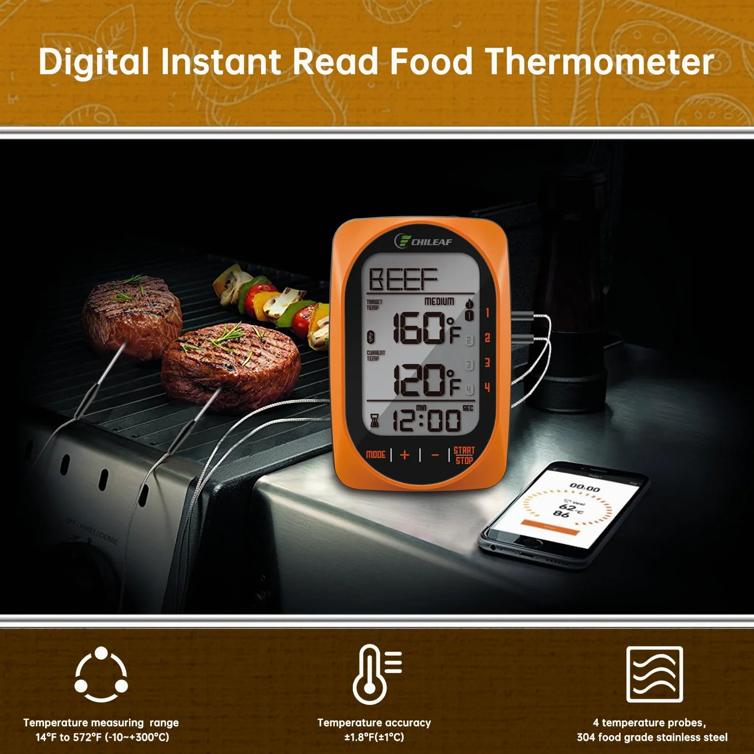 Meat Thermomètre numérique instantané avec 4 modes d'échantillons de mode temporisation pour barbecue, bonbons, aliments et fumoirs