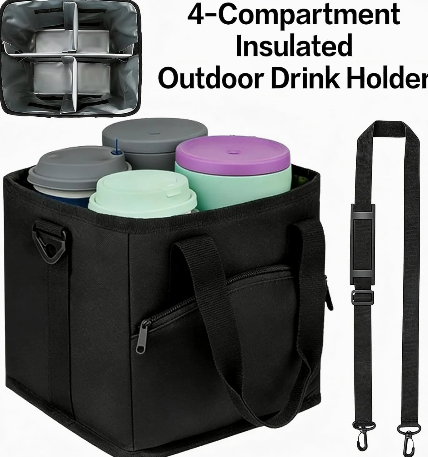 Sac porte-gobelet avec sangle réglable, porte-gobelet isotherme et porte-gobelet, design à 4 compartiments, base anti-déversement pour voyage, pique-nique et utilisation en extérieur