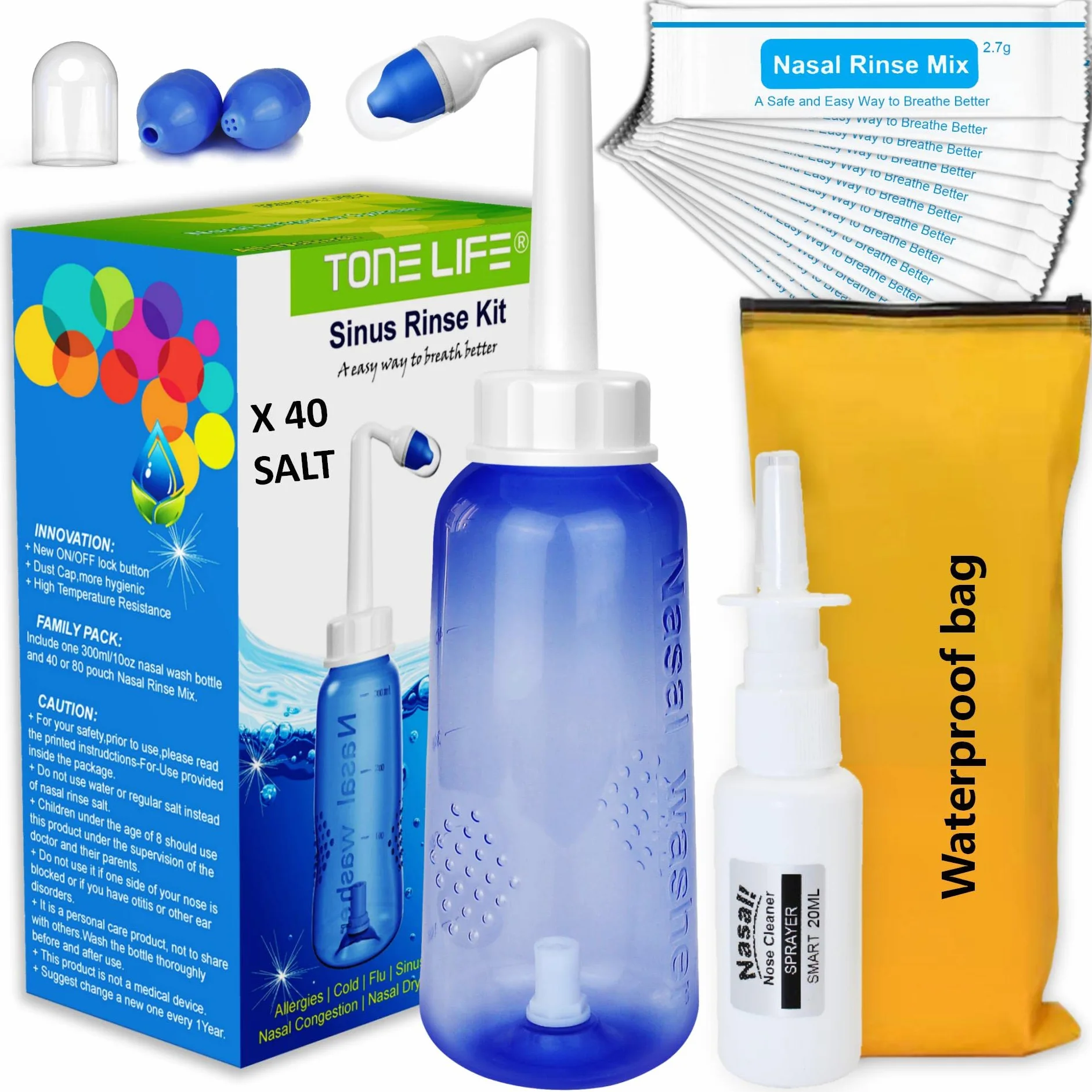 Kit de rinçage nasal Neti Pot 300 ml avec sachets de sel nasal et pulvérisateur hydratant